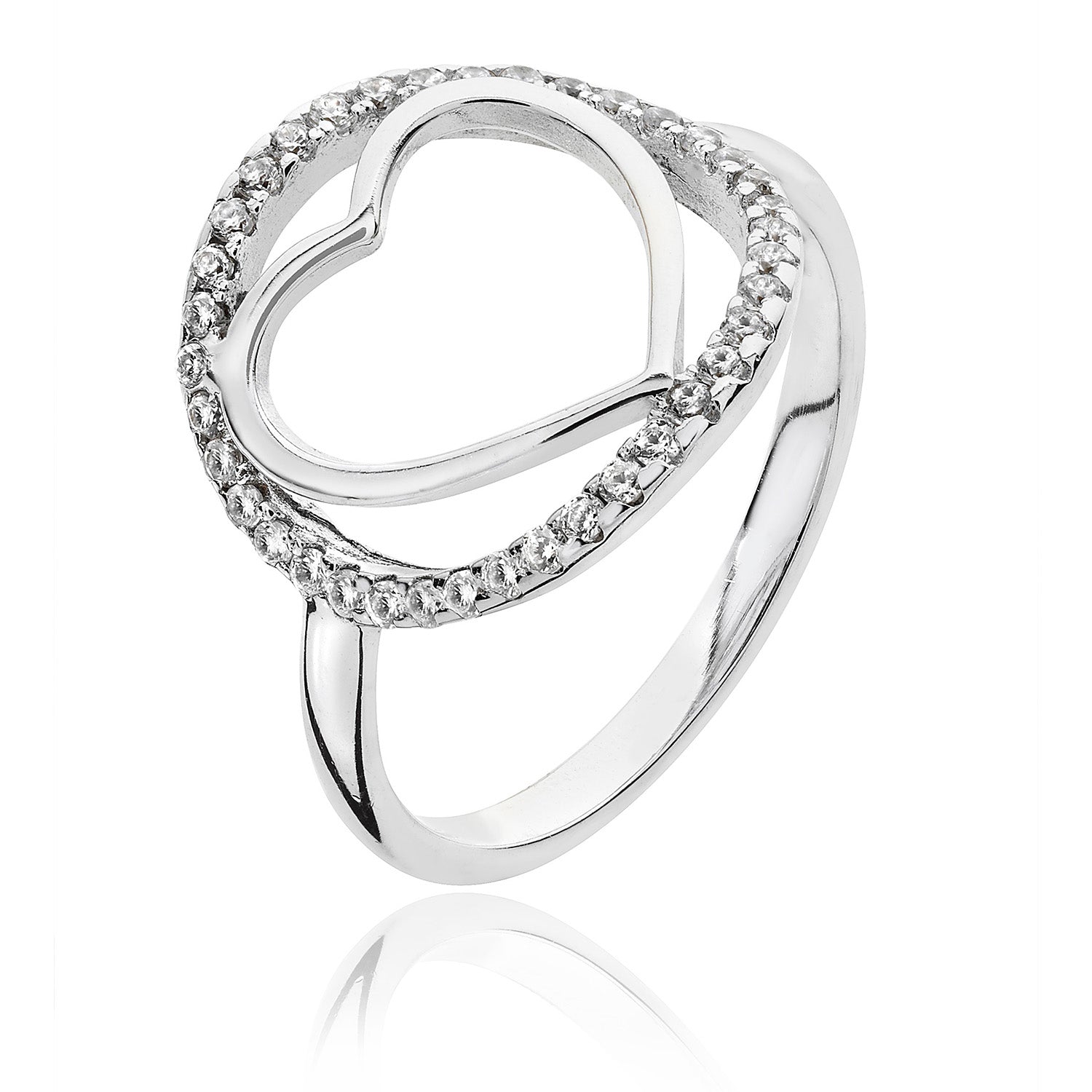 SILVER PLAIN HEART WITHIN ROUND HALO CZ RING