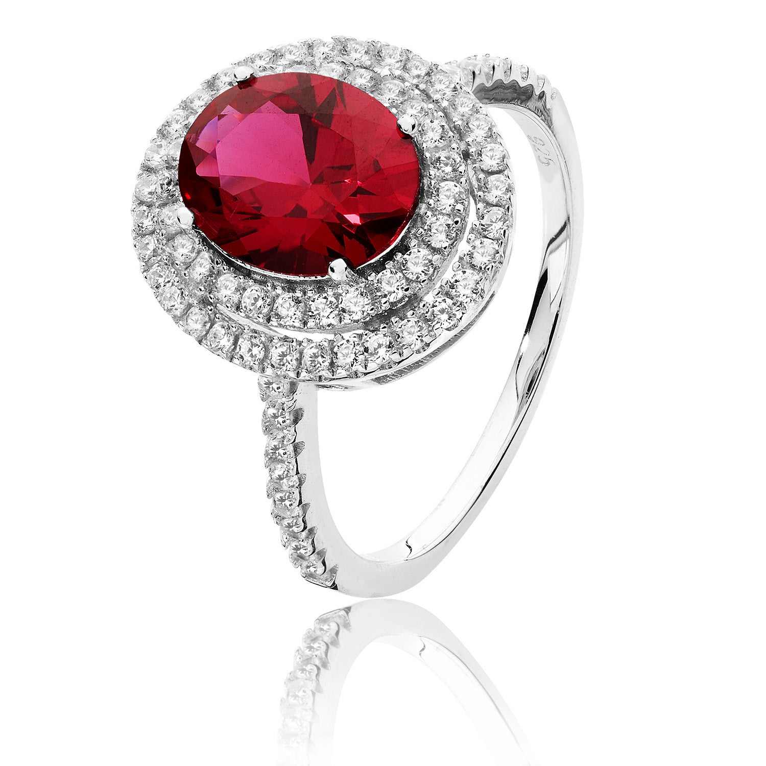 SILVER DOUBLE HALO RED OVAL CZ RING