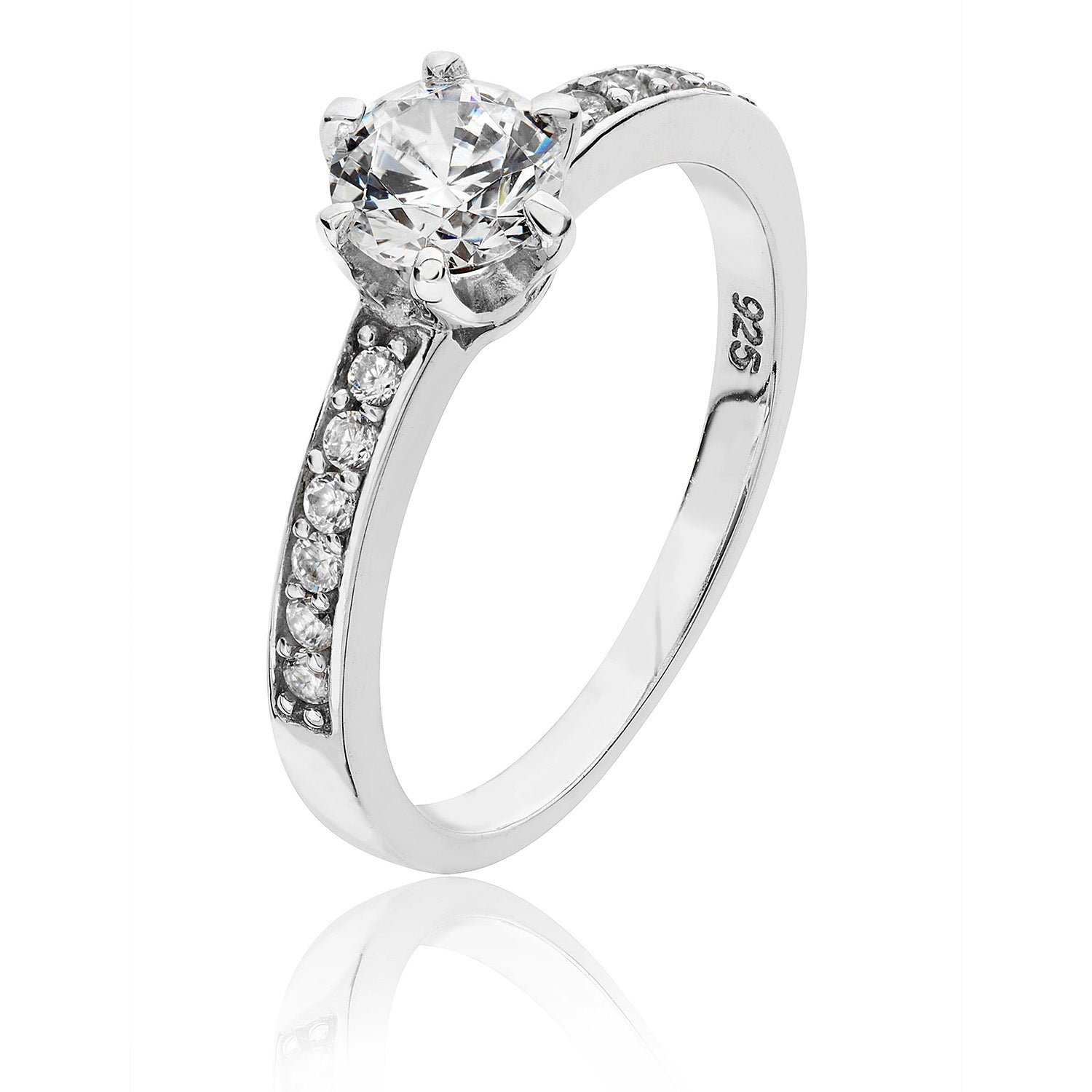 SILVER ROUND SOLITAIRE 6 CLAW AND SHOULDER SET CZ RING
