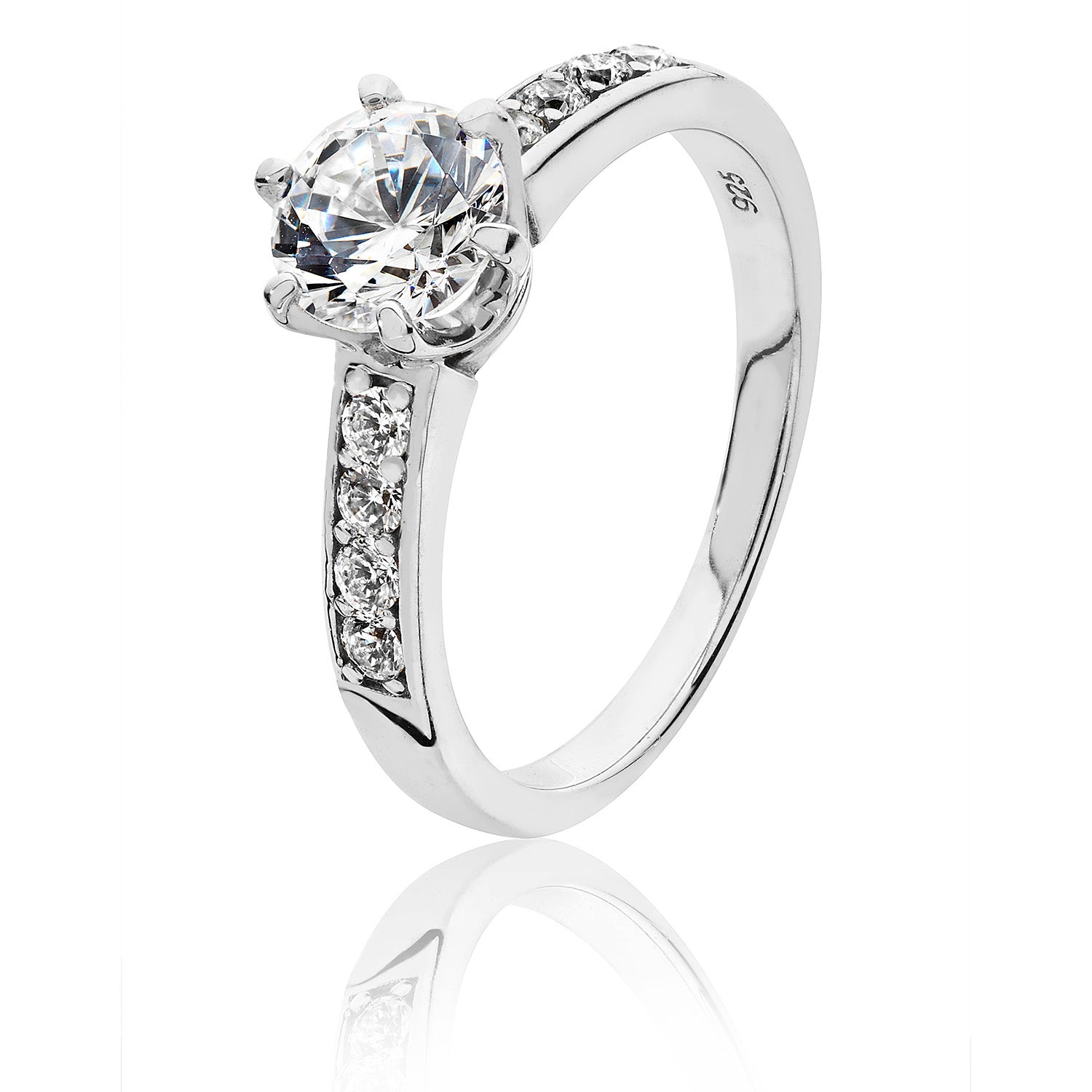 SILVER ROUND SOLITAIRE 6 CLAW AND SHOULDER SET CZ RING