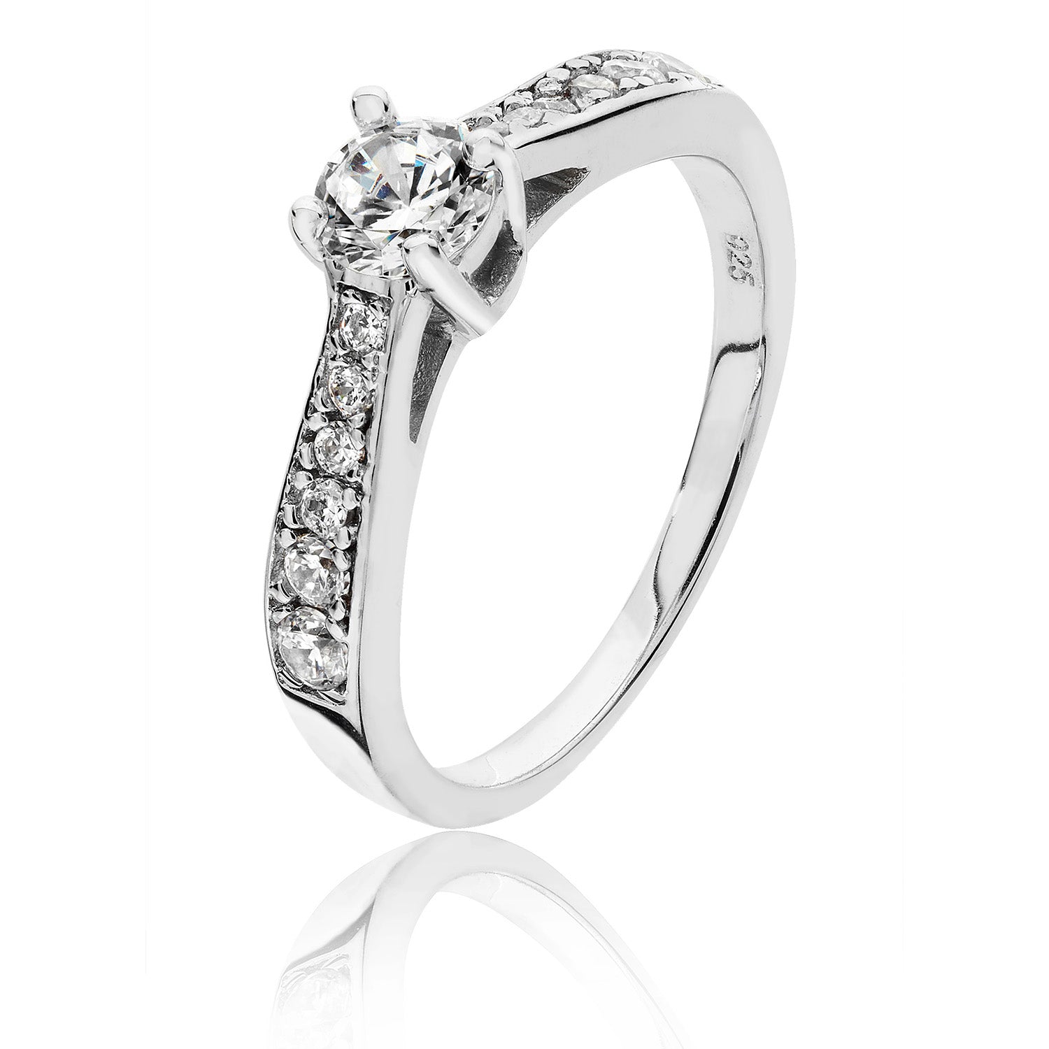 SILVER ROUND SOLITAIRE 4 CLAW AND SHOULDER SET CZ RING