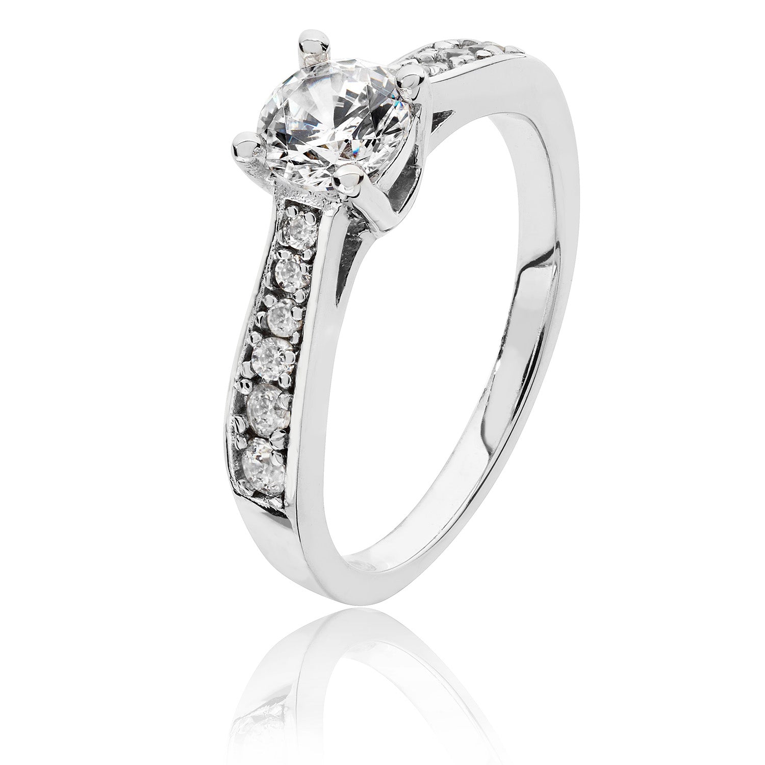 SILVER ROUND SOLITAIRE 4 CLAW AND SHOULDER SET CZ RING