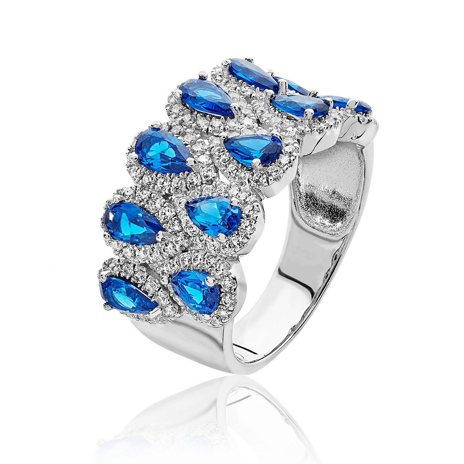SILVER MULTI HALO BLUE PEAR SHAPE CZ RING