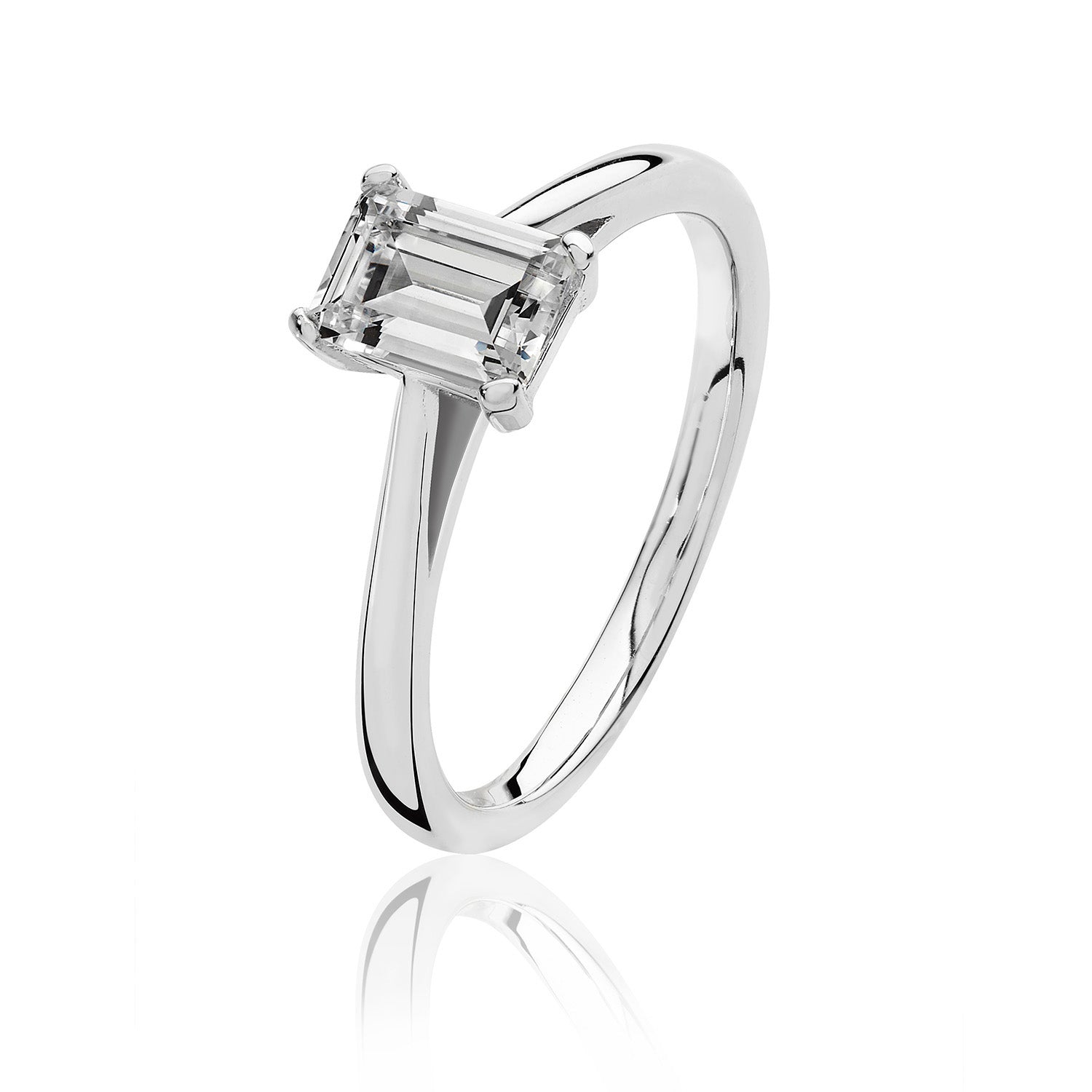 SILVER EMERALD CUT SOLITAIRE CZ 4 CLAW SET RING