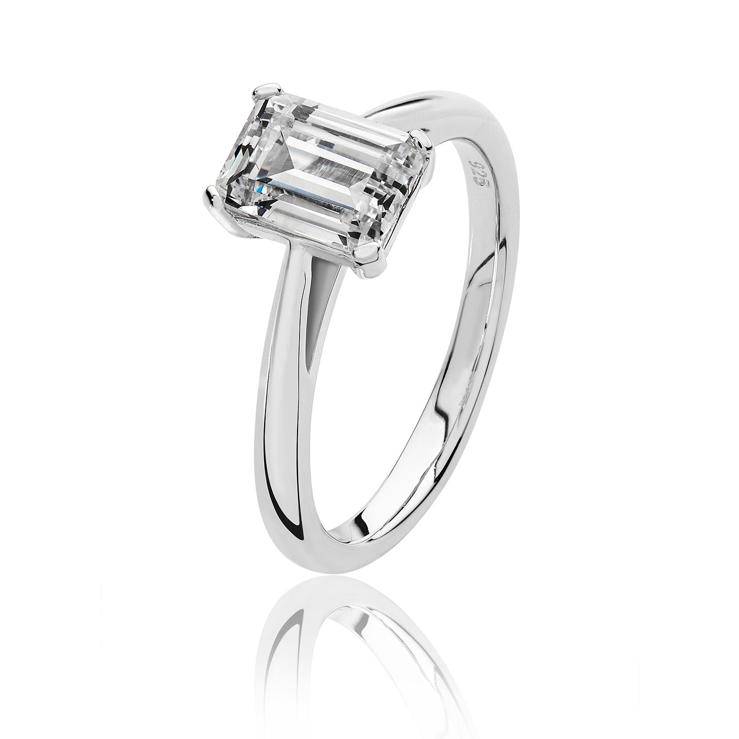 SILVER EMERALD CUT SOLITAIRE CZ 4 CLAW SET RING