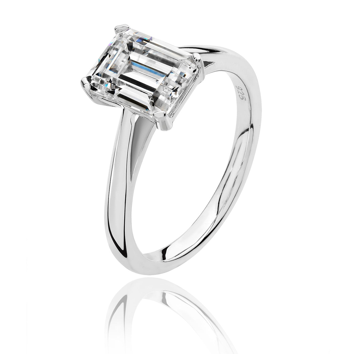 SILVER EMERALD CUT SOLITAIRE CZ 4 CLAW SET RING