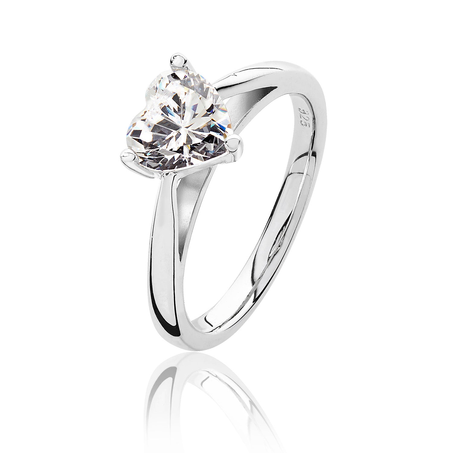 SILVER HEART SHAPE SOLITAIRE CZ 3 CLAW SET RING