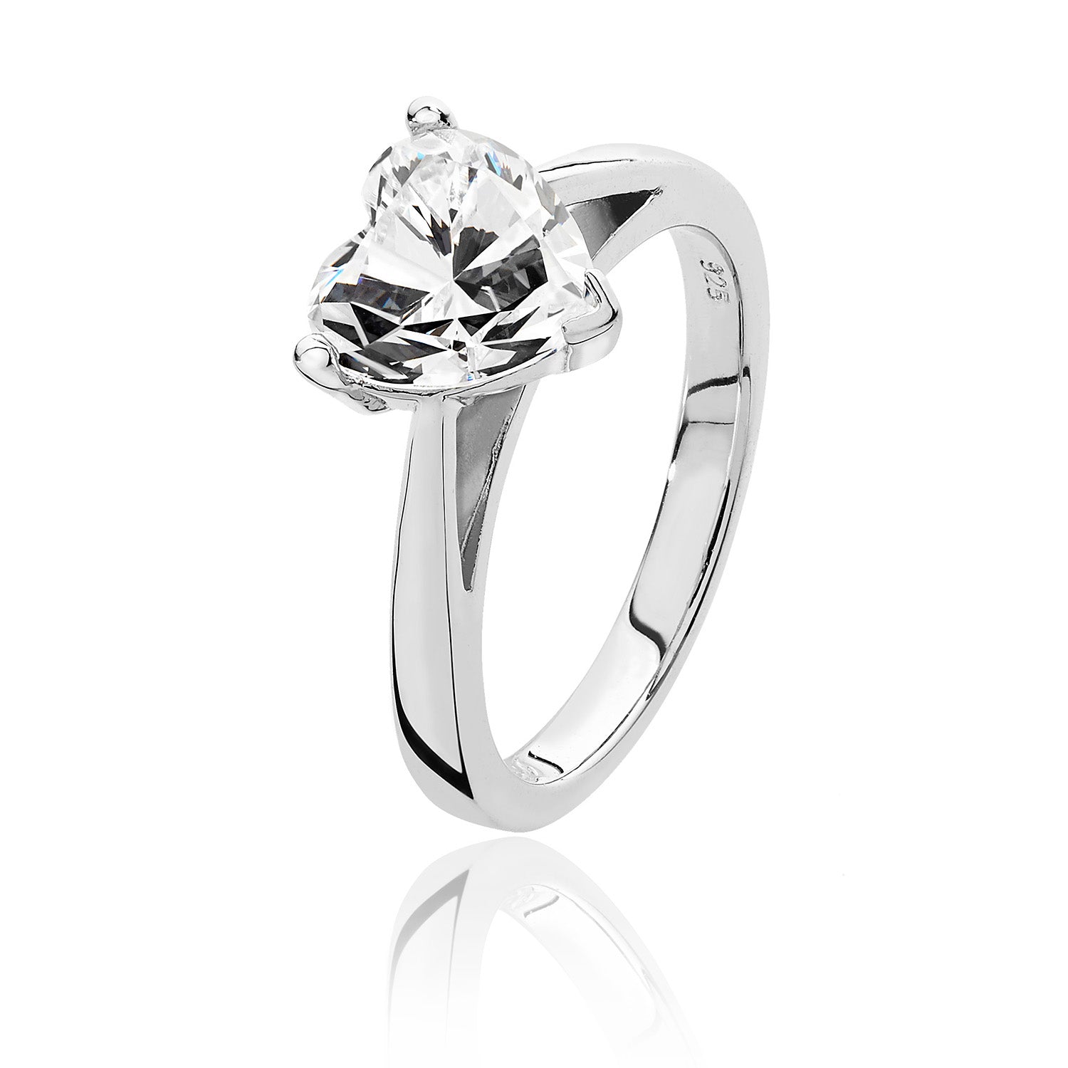 SILVER HEART SHAPE SOLITAIRE CZ 3 CLAW SET RING