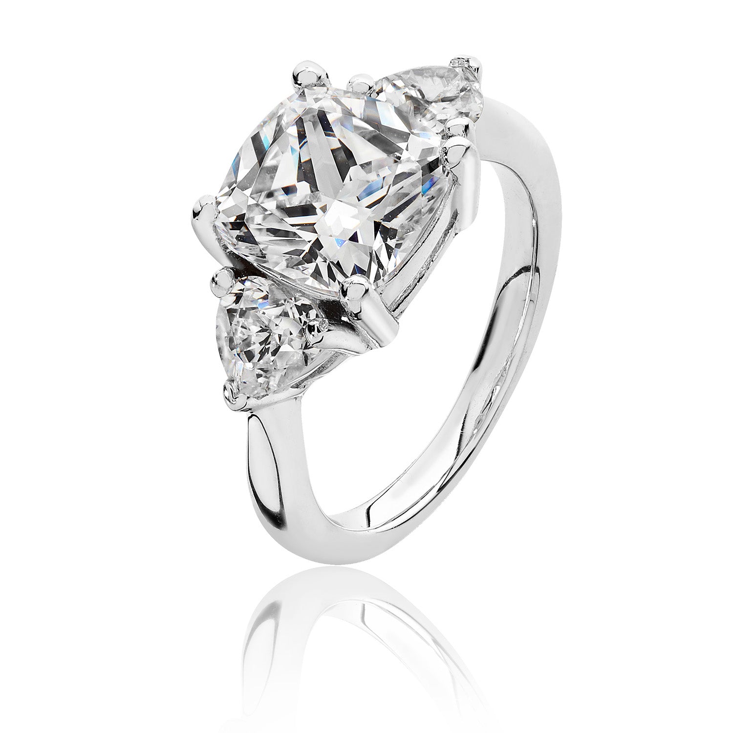 SILVER CUSHION CENTRE CZ CLAW SET WITH HEART SHAPE SIDES TRIANGULAR RING