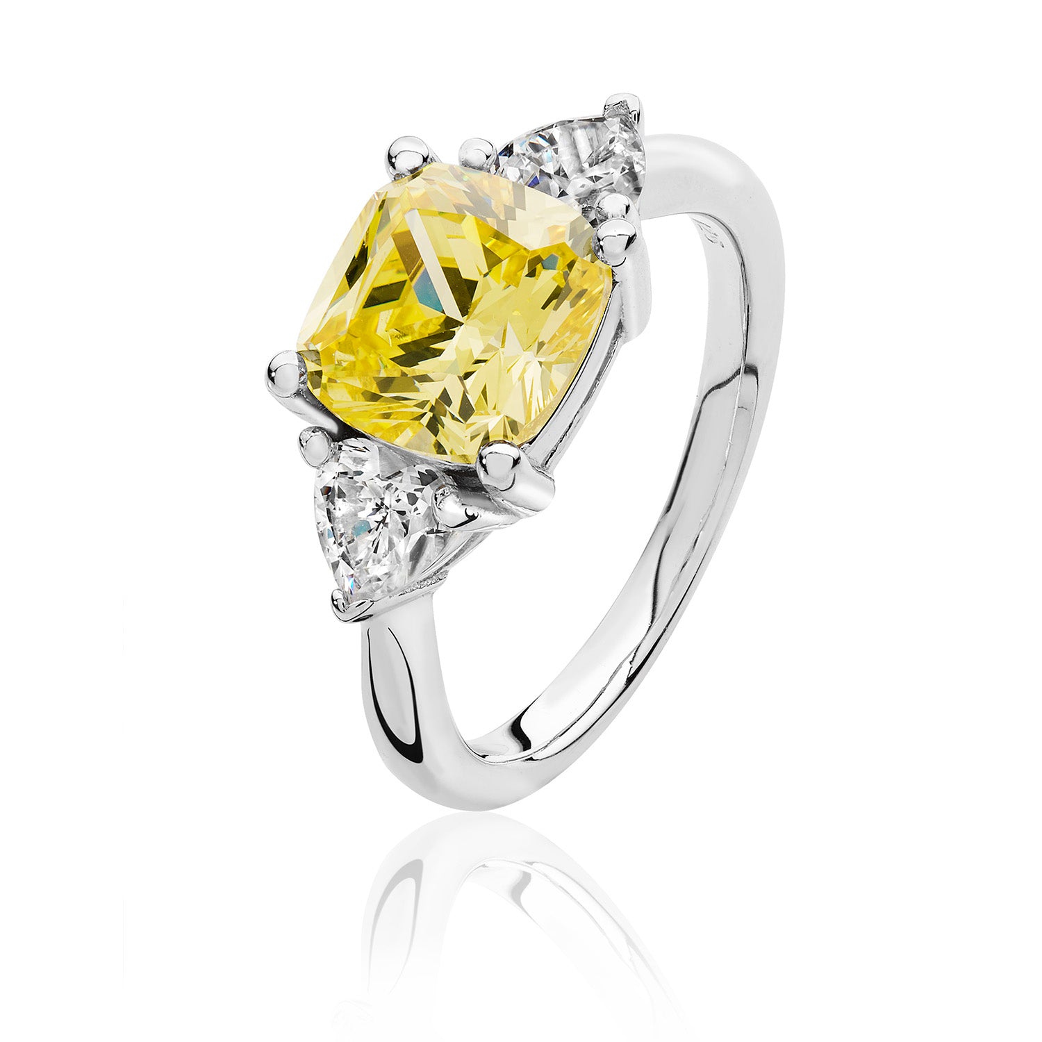 SILVER CUSHION CENTRE YELLOW CZ CLAW SET WITH HEART SHAPE SIDES TRIANGULAR RING
