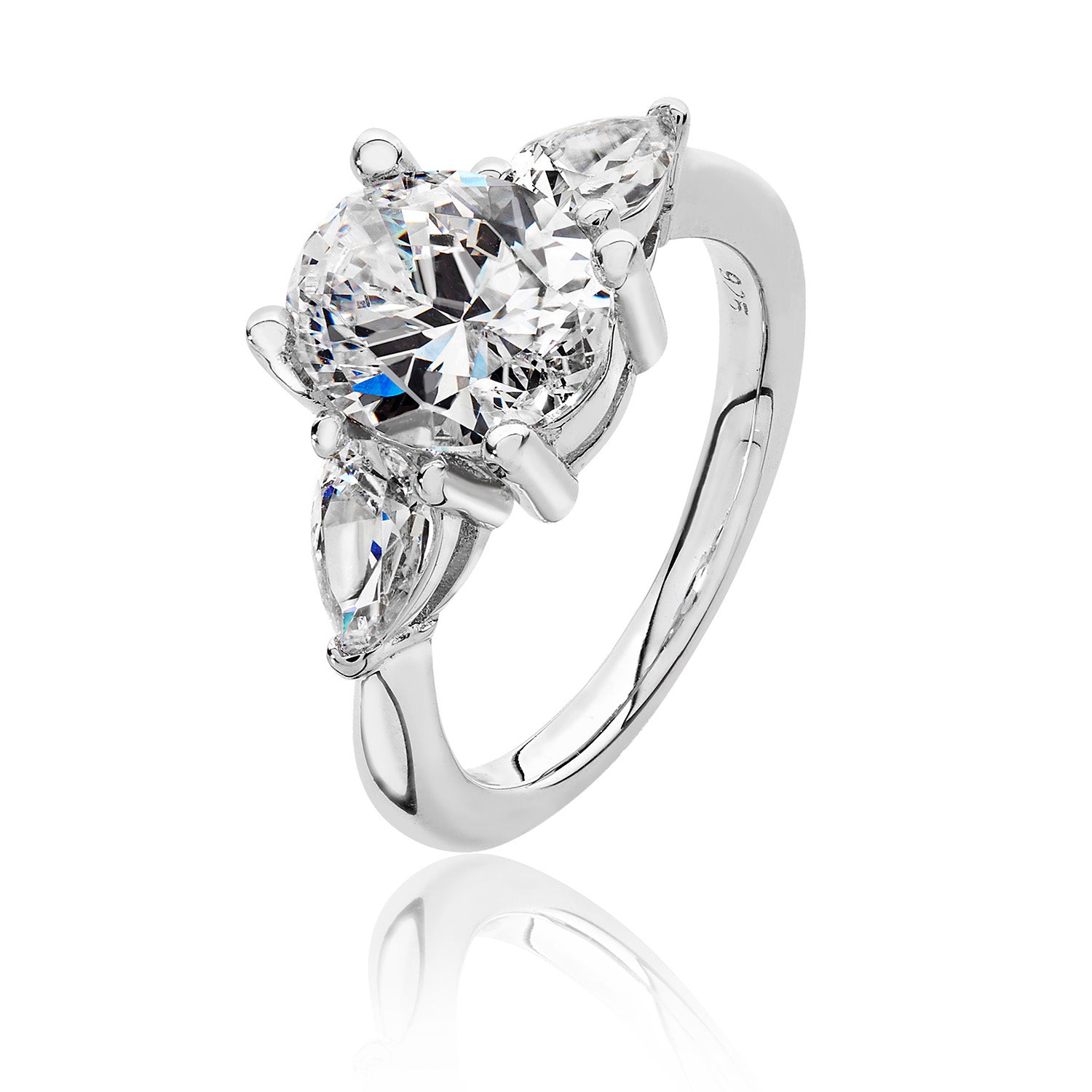 SILVER OVAL CENTRE CZ CLAW SET WITH PEAR SHAPE SIDES TRILOGY RING