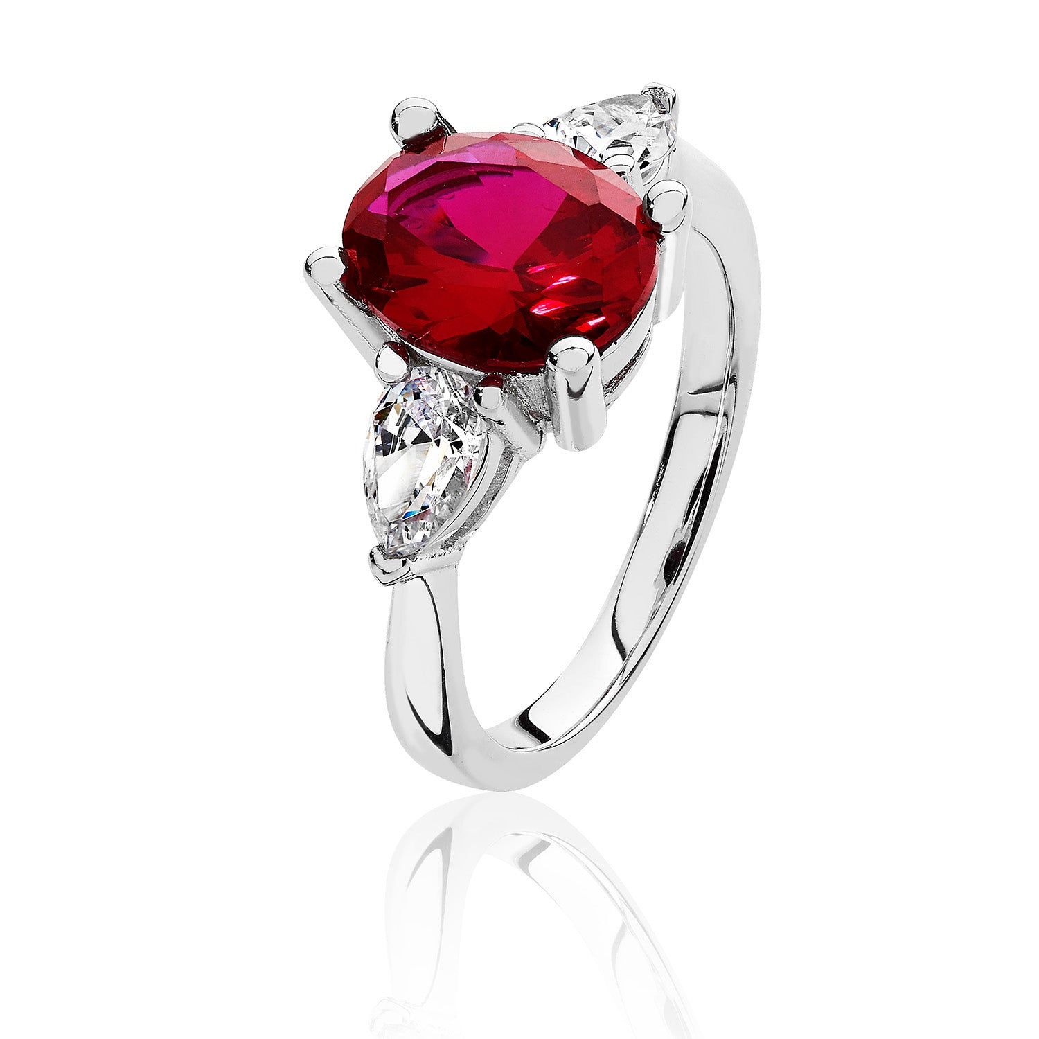 SILVER RED OVAL CENTRE CZ CLAW SET WITH PEAR SHAPE SIDES TRIOLOGY RING