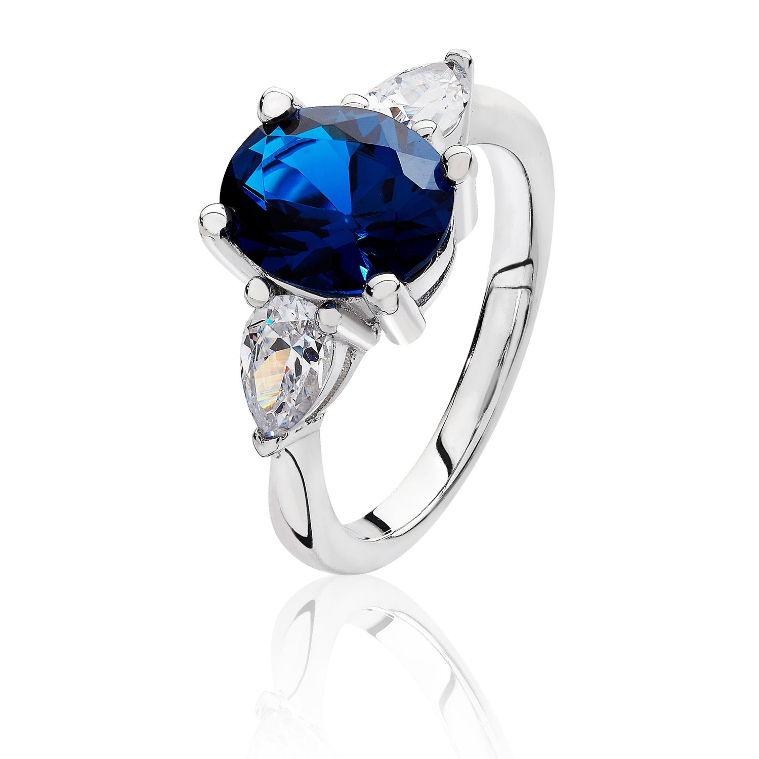 SILVER BLUE OVAL CENTRE CZ CLAW SET WITH PEAR SHAPE SIDES TRIOLOGY RING
