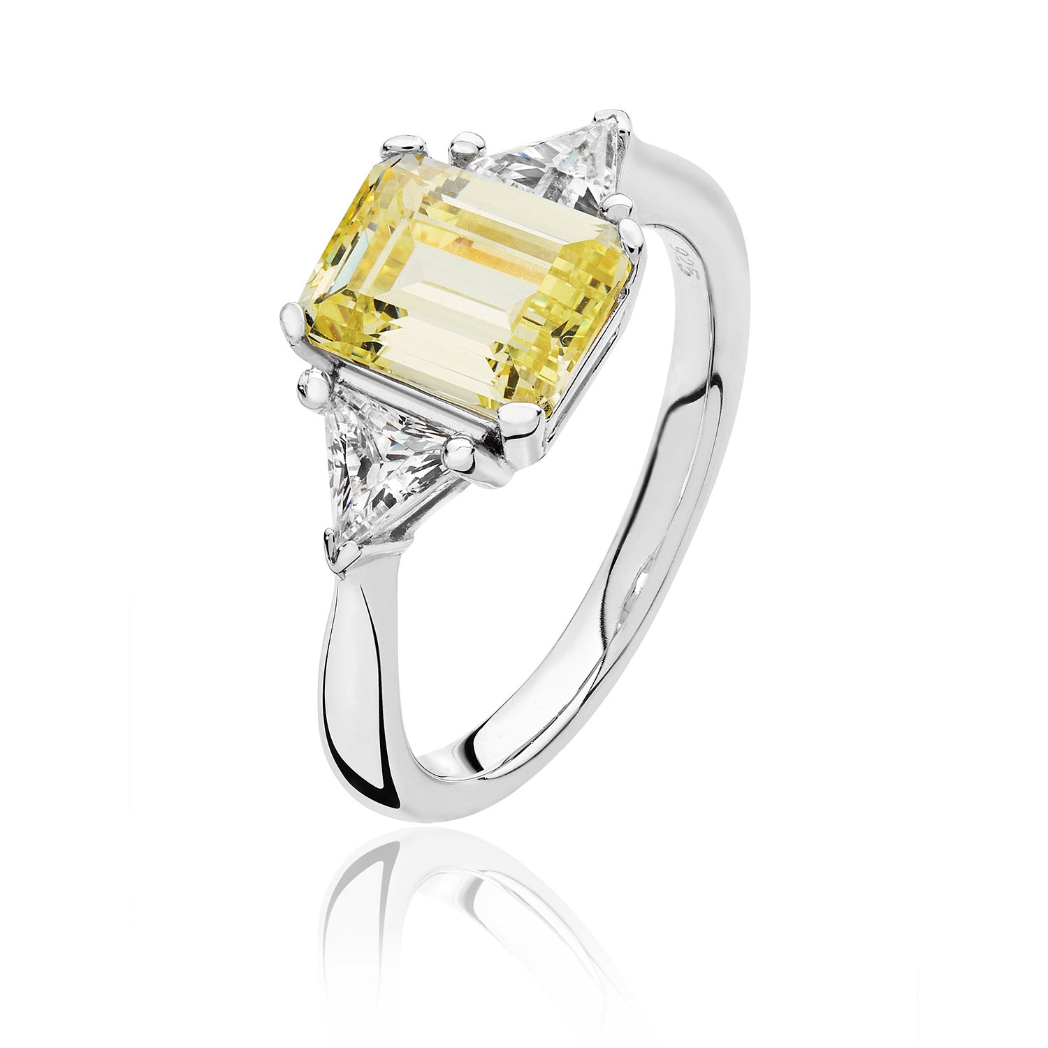 SILVER EMERALD CUT CENTRE YELLOW CZ CLAW SET WITH TRAINGULAR SIDES RING