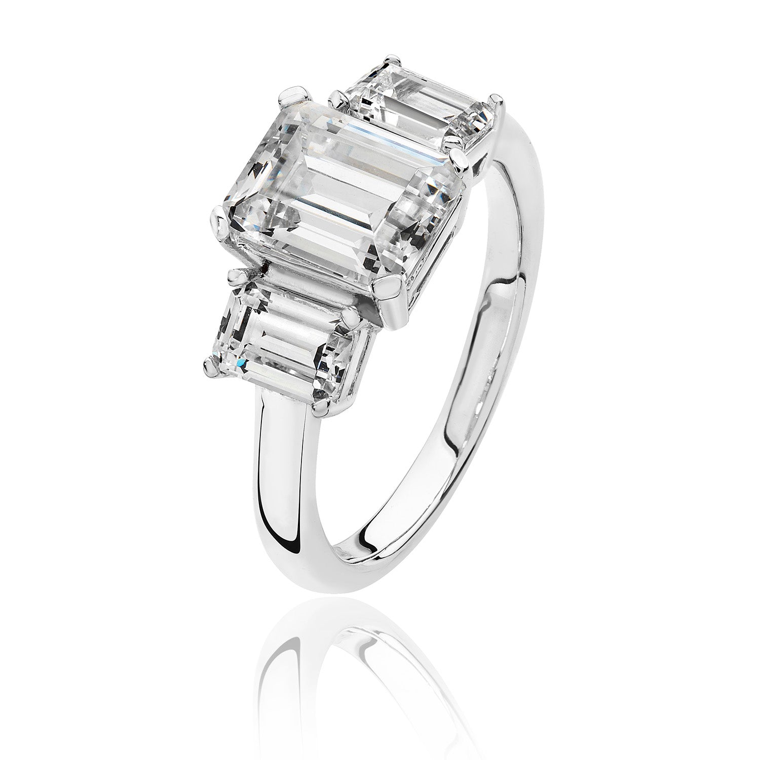 SILVER EMERALD CUT CENTRE CZ CLAW SET WITH EMERALD CUT SIDES RING