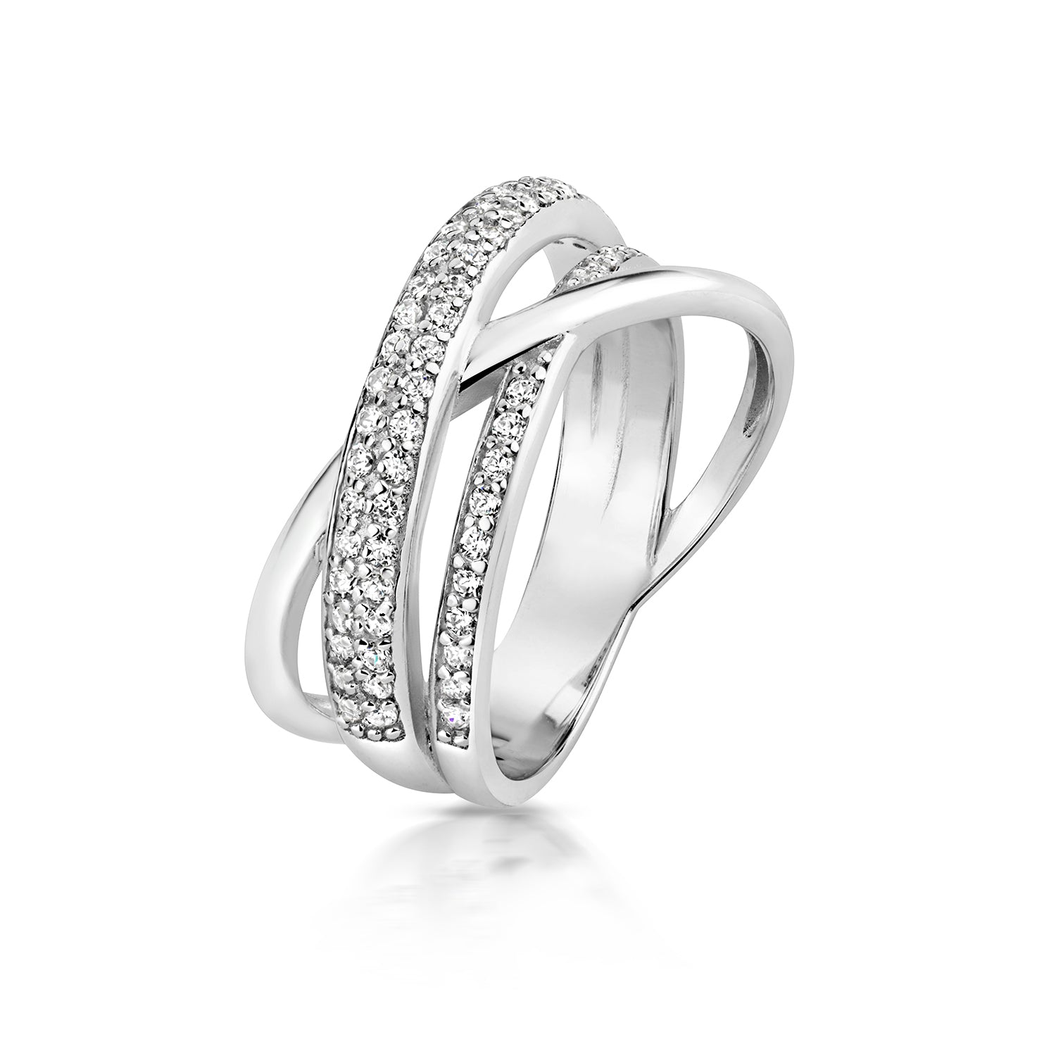 SILVER DOULBE GRAIN SET CZ BAND AND PLAIN BAND CROSSOVER RING