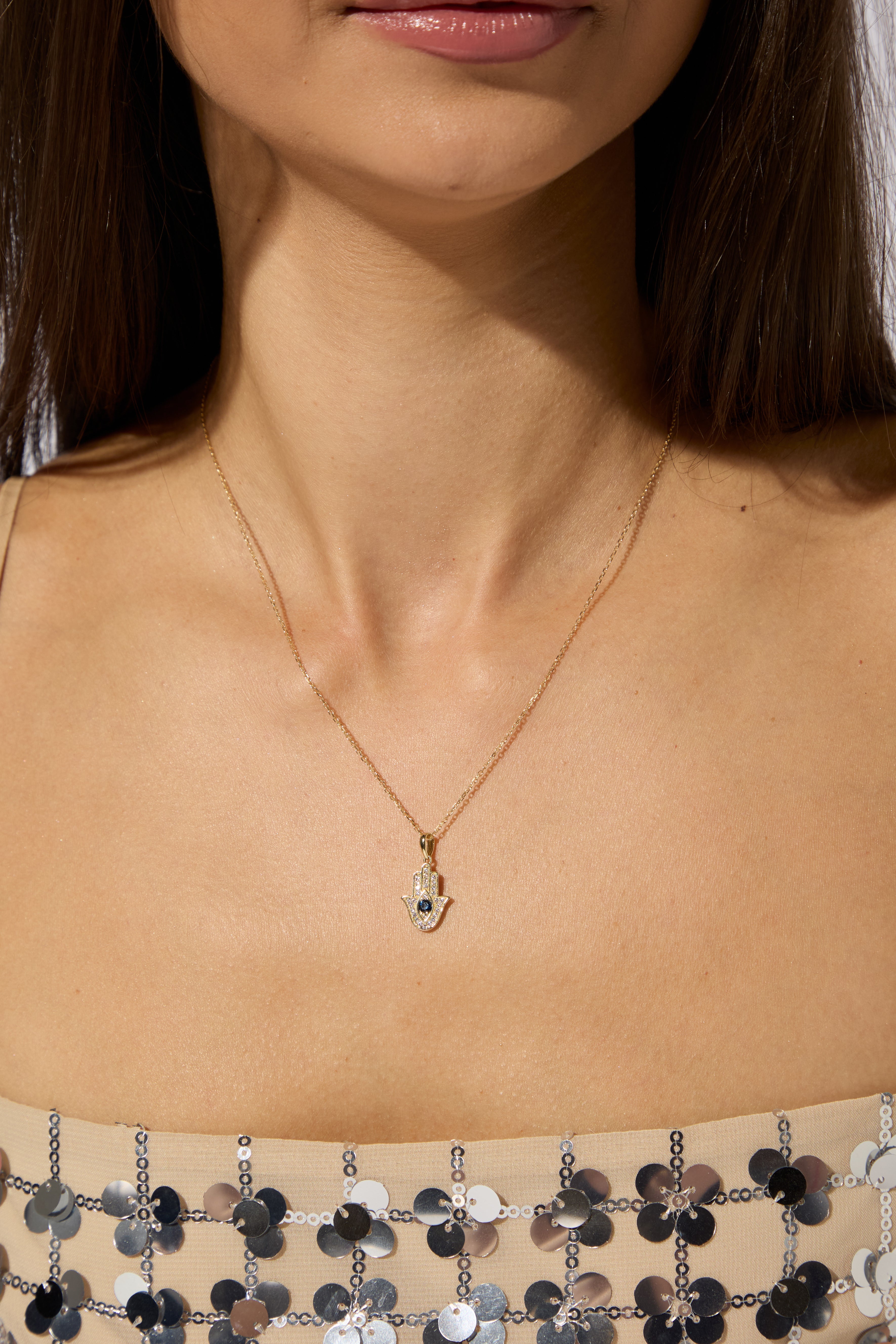 9ct Yellow CZ Set Hamsa Pendant with 18" Trace Chain