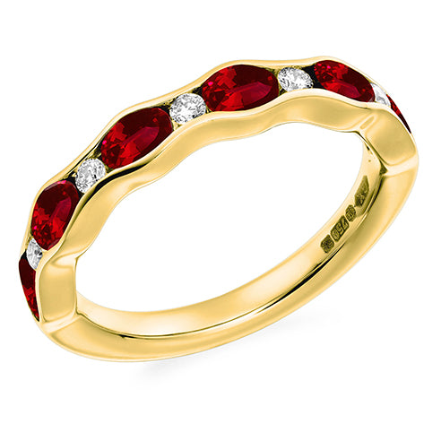18ct Yellow Gold Ruby & G Si Natural Diamond Half Eternity Ring