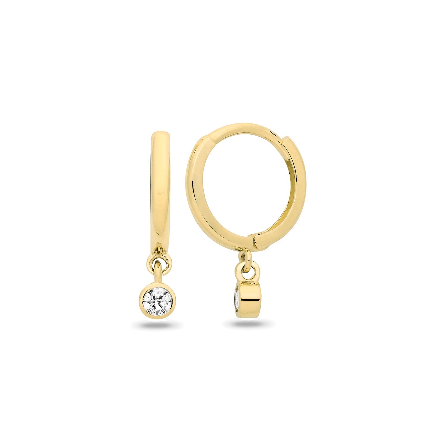 9ct Yellow Gold Plain Huggie Hoops With CZ Charm