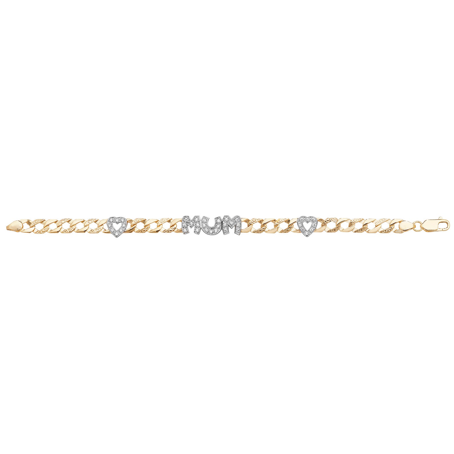 9CT GOLD CZ MUM AND DOUBLE HEART BRACELET