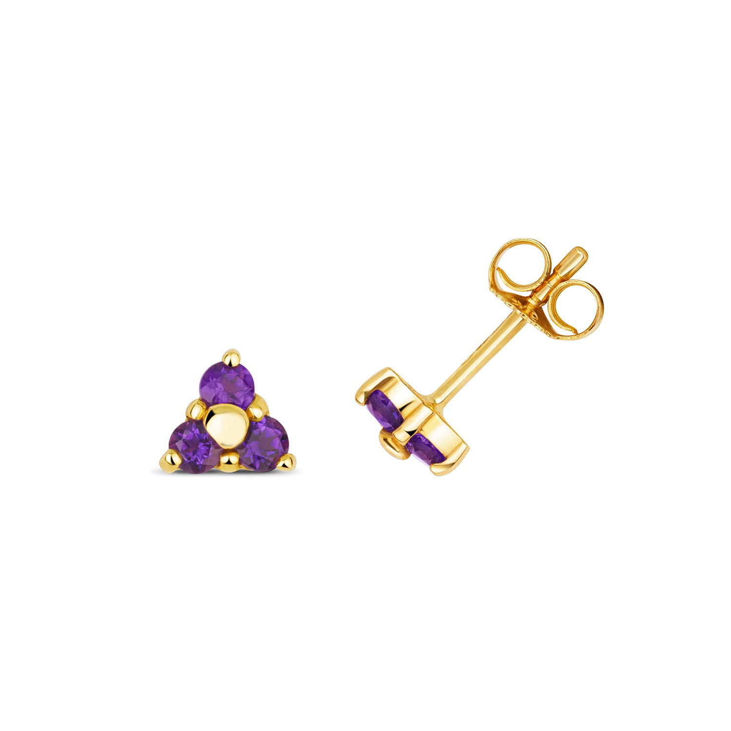 AMETHYST 3 STONE STUDS IN 9CT GOLD