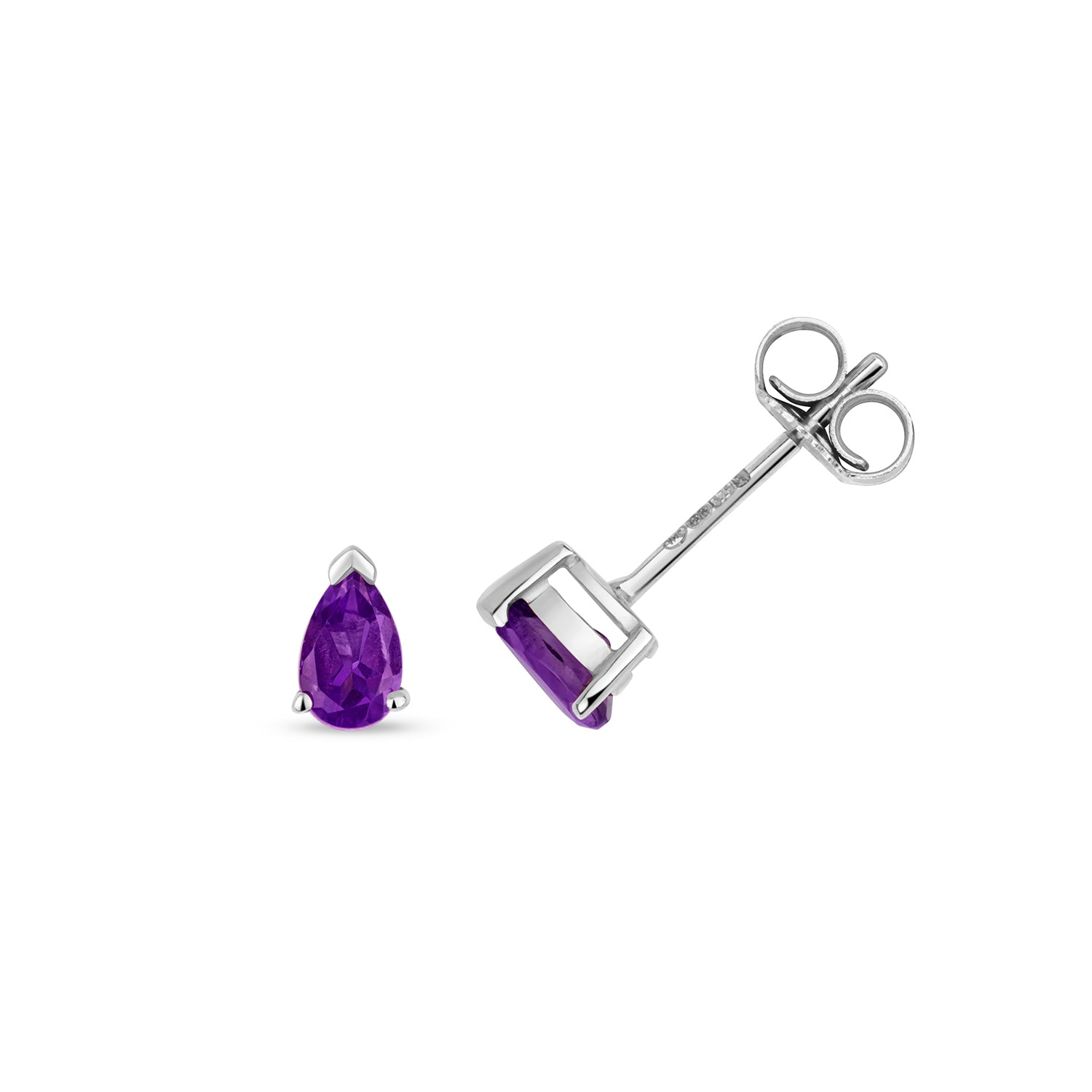 AMETHYST PEAR SHAPE CLAW SET STUDS IN 9CT WHITE GOLD