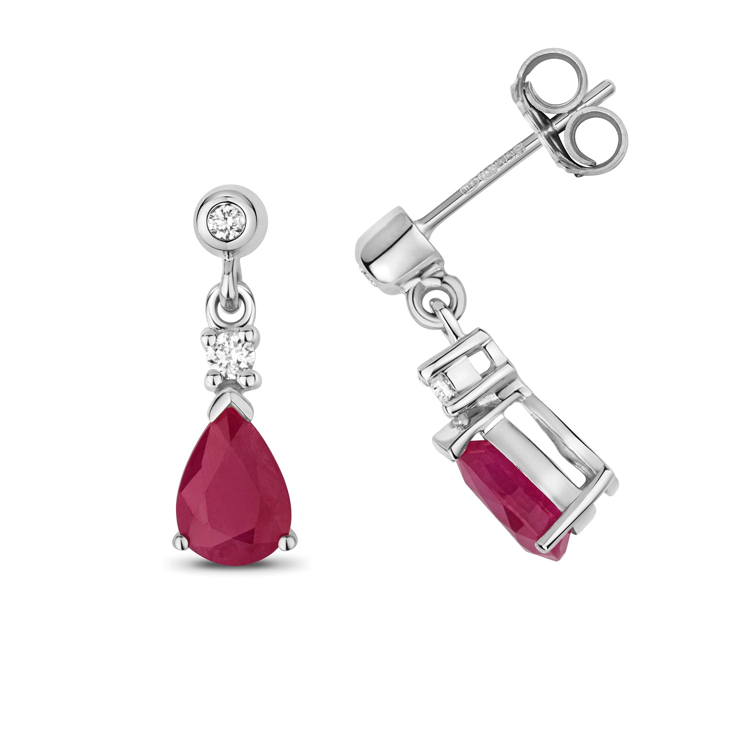 DIAMONDS & RUBY PEAR SHAPE DROPS IN 9CT WHITE GOLD