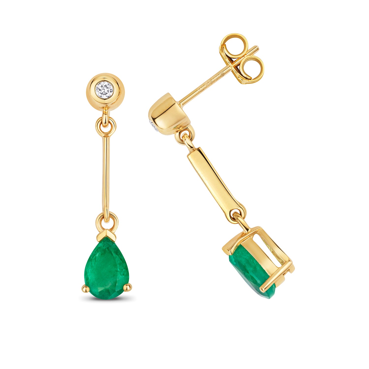 DIAMOND & EMERALD PEAR SHAPE BAR DROPS IN 9CT GOLD