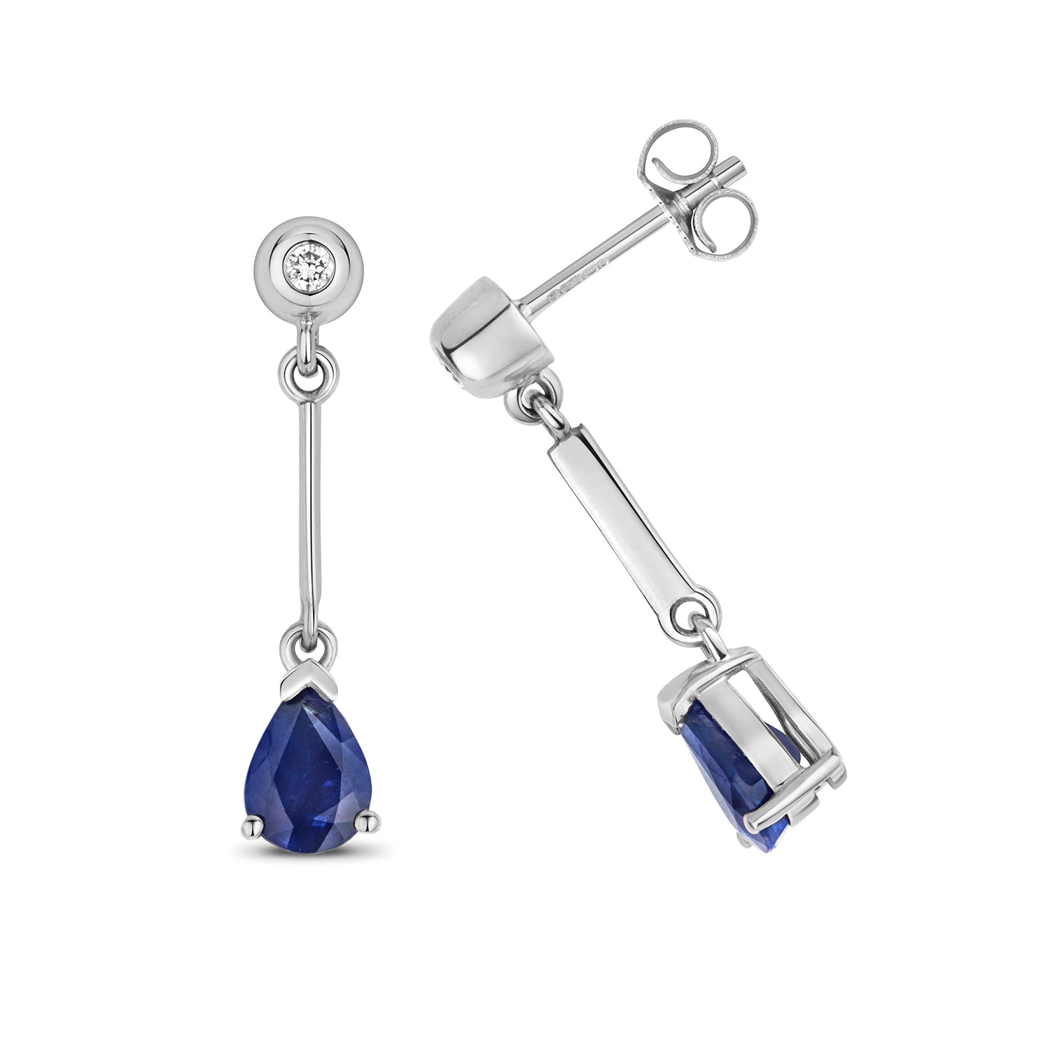 DIAMOND & SAPPHIRE PEAR SHAPE BAR DROPS IN 9CT WHITE GOLD