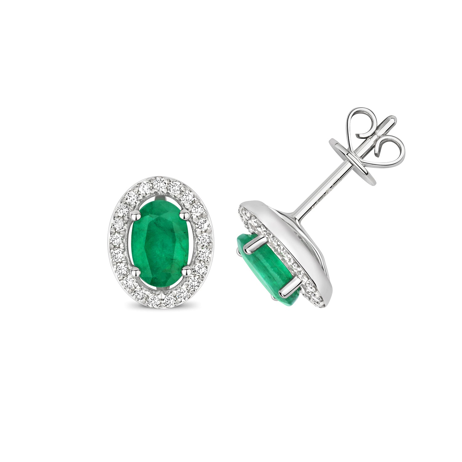 DIAMOND & EMERALD OVAL HALO STUDS IN 9CT WHITE GOLD