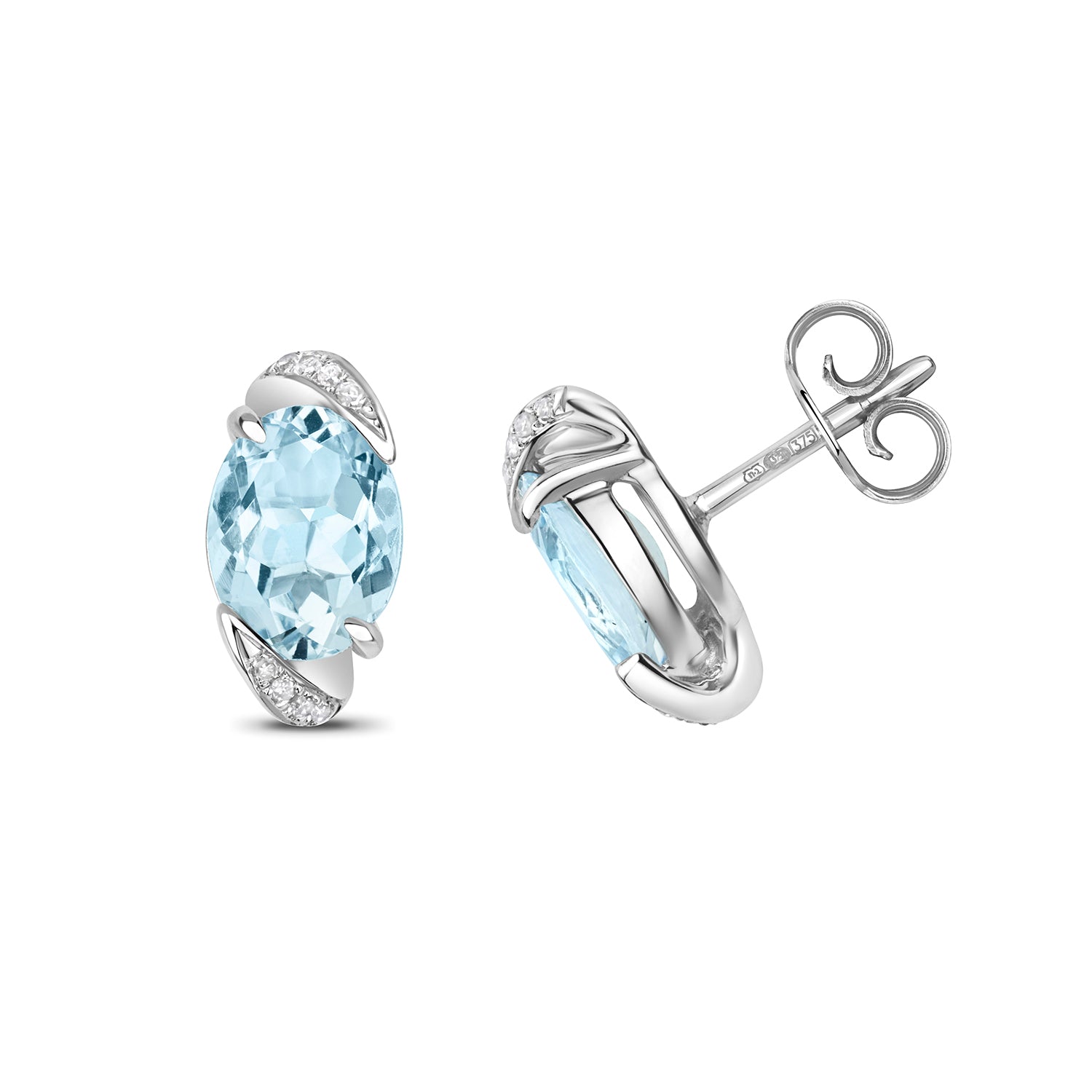 DIAMOND & AQUAMARINE OVAL STUDS IN 9CT WHITE GOLD