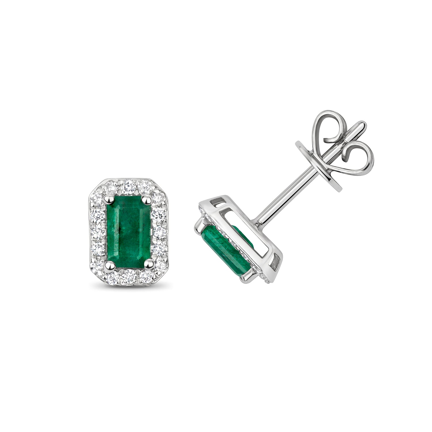 DIAMOND & EMERALD OCTAGON CLUSTER STUDS IN 9CT WHITE GOLD