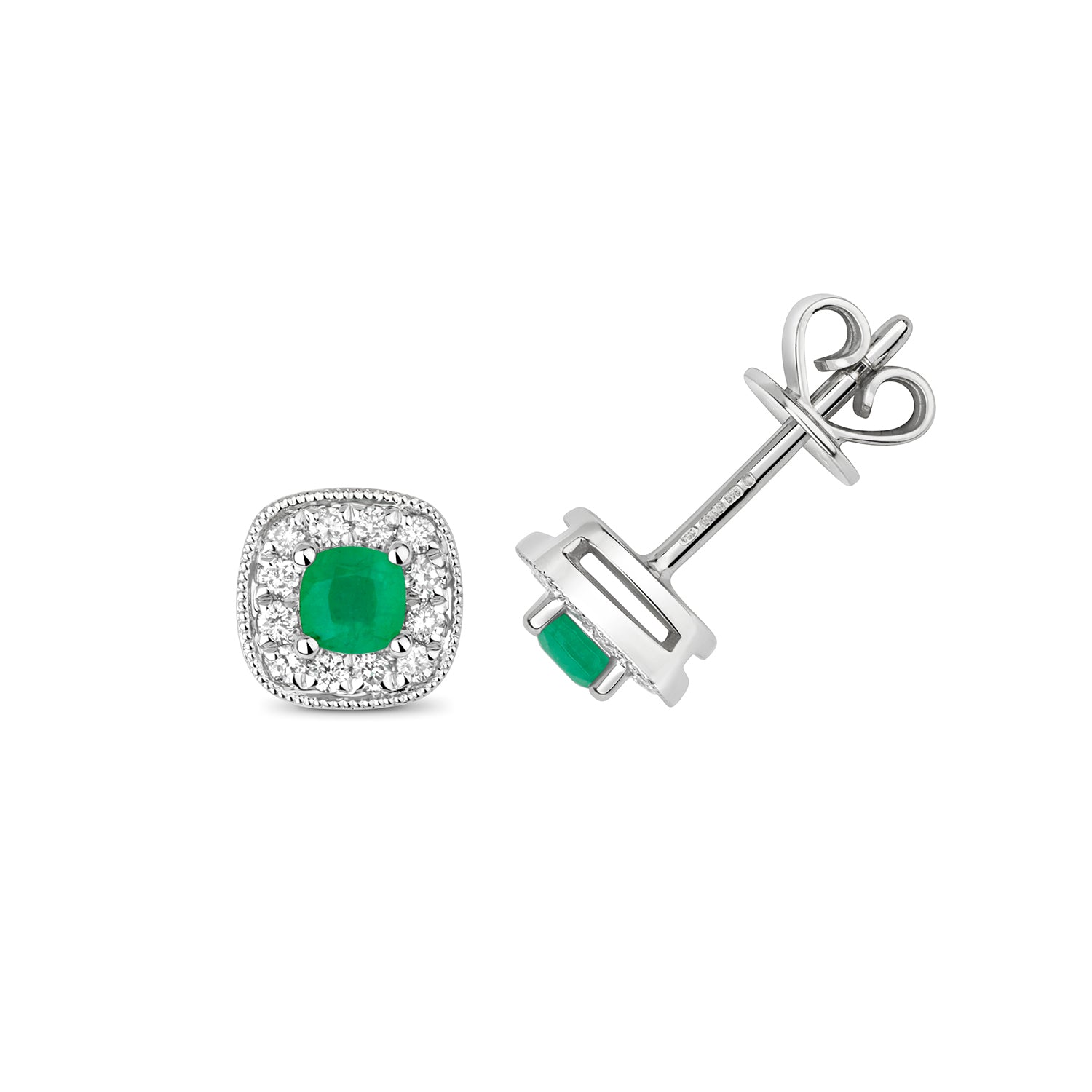 DIAMOND & EMERALD CUSHION CLUSTER STUDS IN 9CT WHITE GOLD