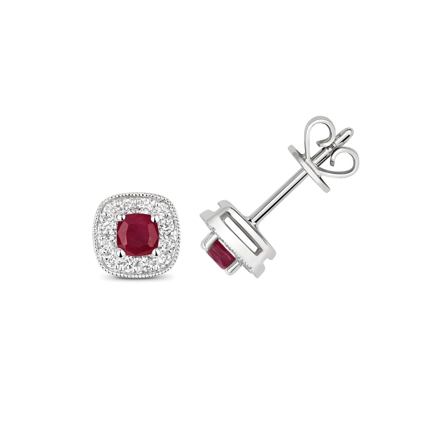 DIAMOND & RUBY CUSHION CLUSTER STUDS IN 9CT WHITE GOLD