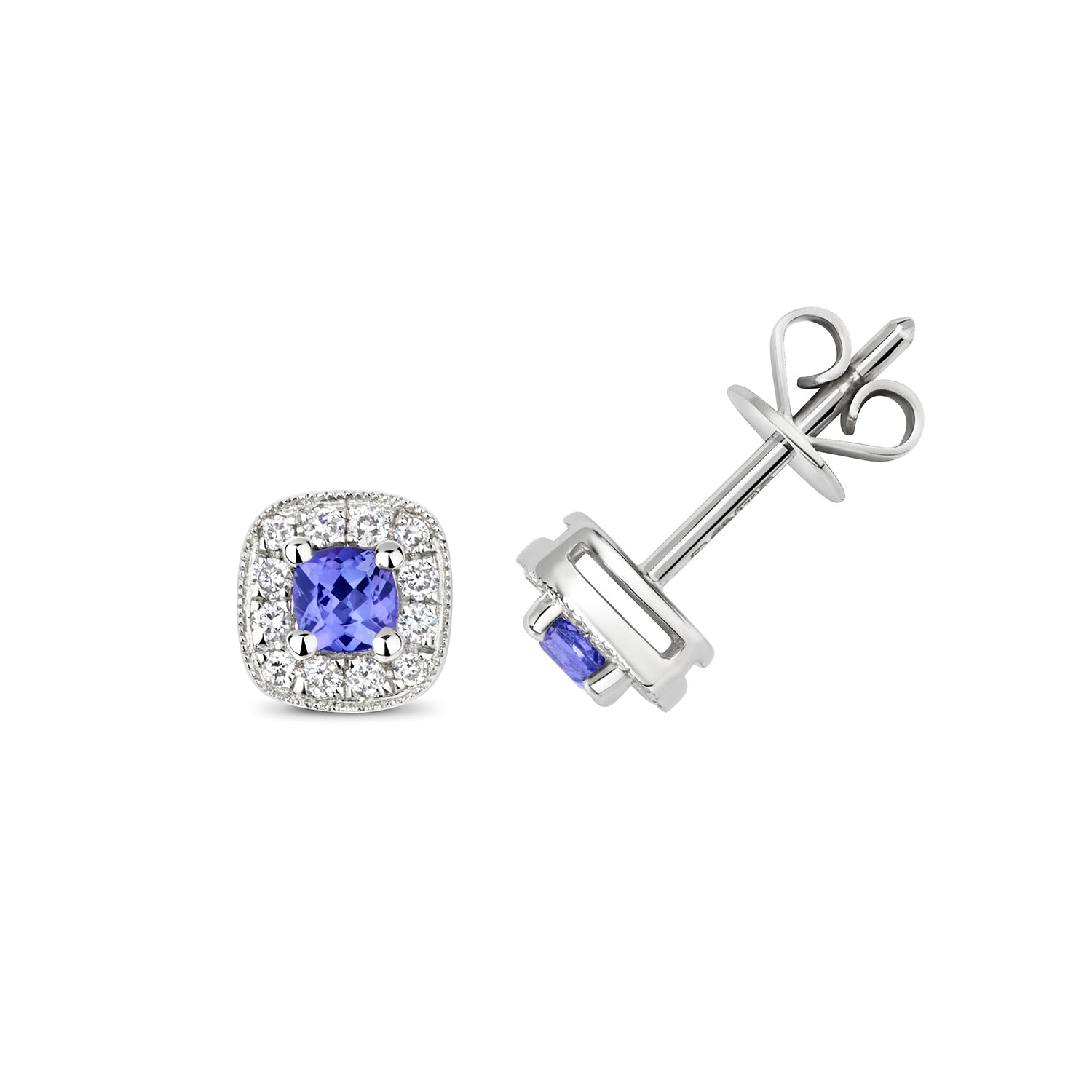 DIAMOND & TANZANITE CUSHION CLUSTER STUDS IN 9CT WHITE GOLD