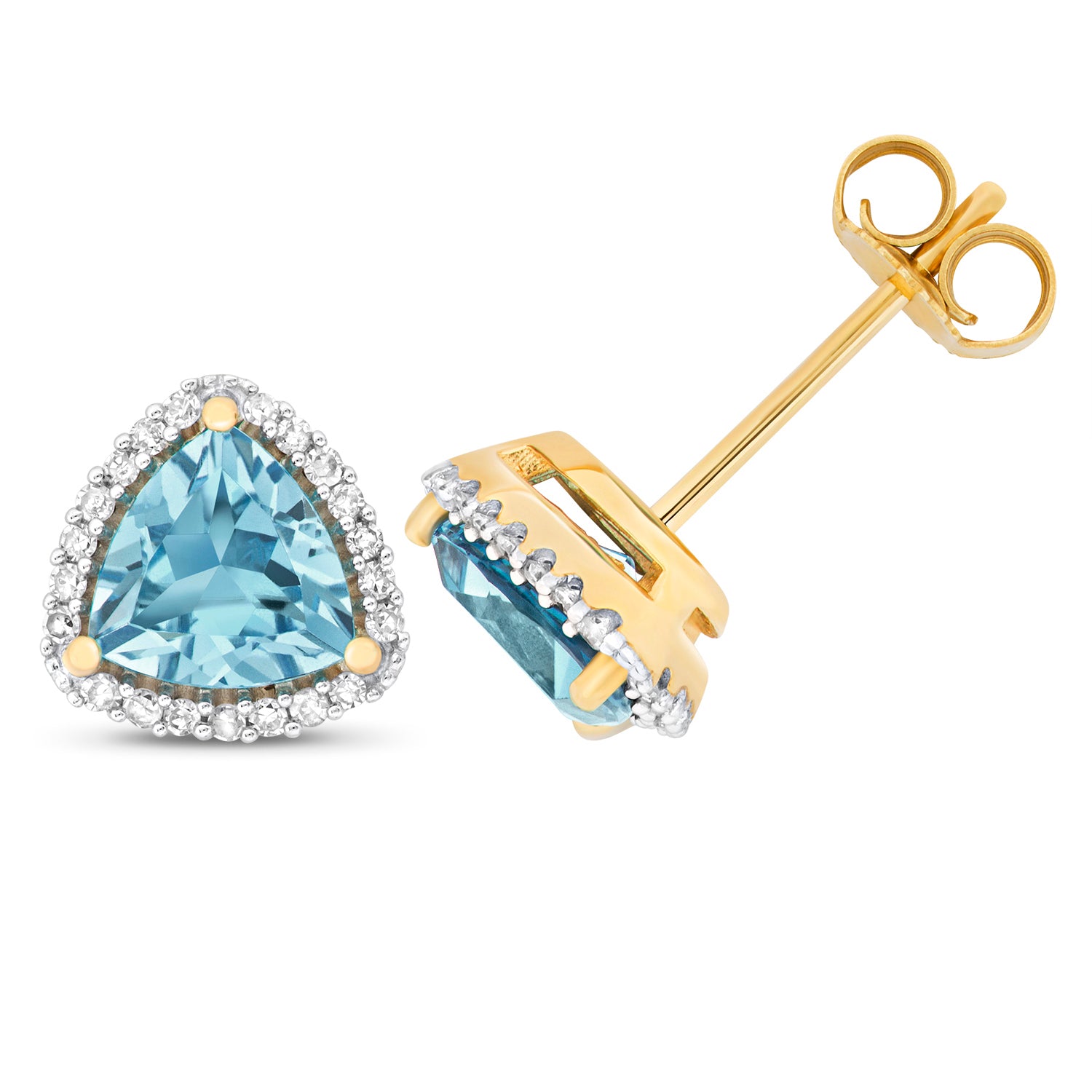 DIAMOND & LIGHT SWISS BLUE TOPAZ ROUNDED TRIANGLE CLUSTER STUDS IN 9CT GOLD