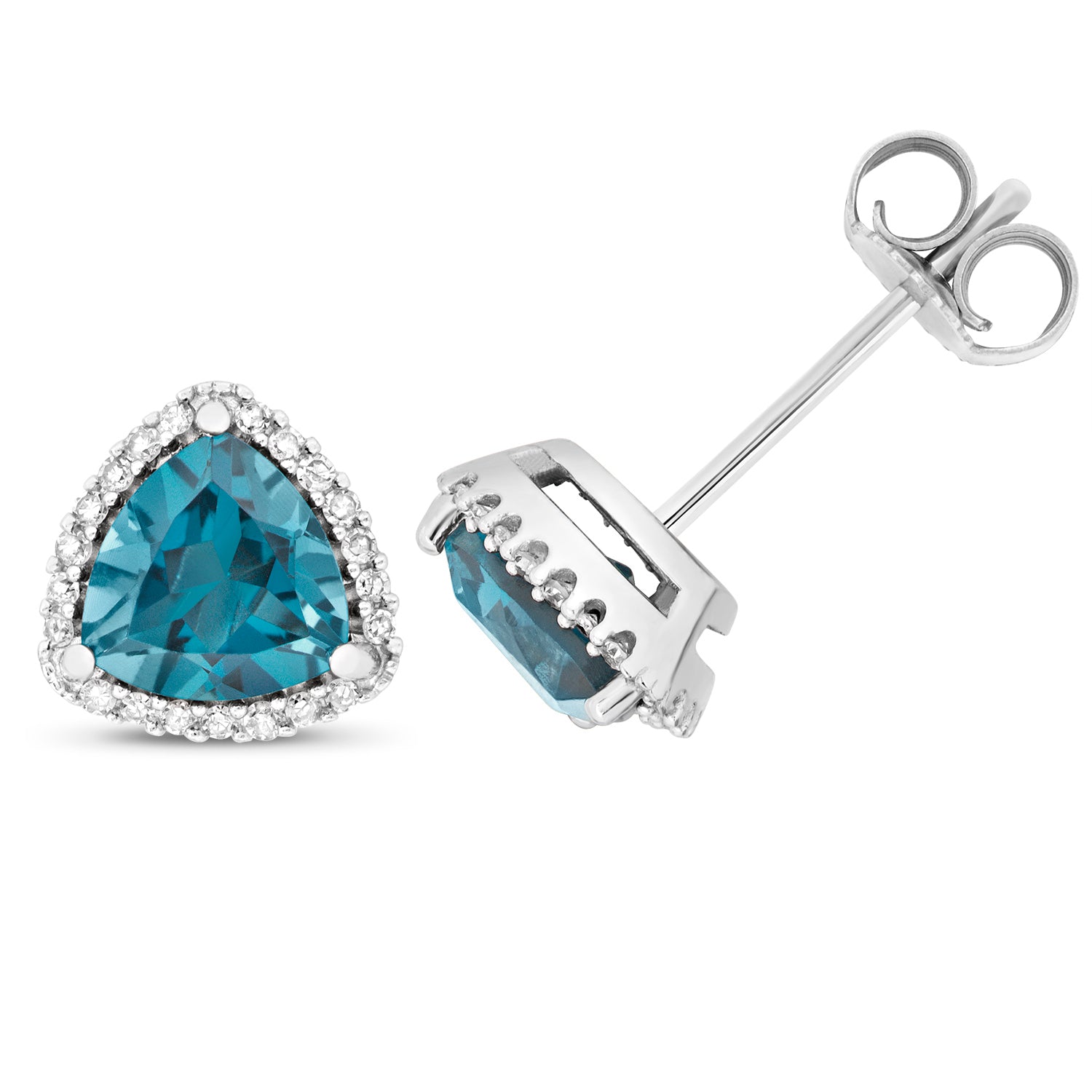 DIAMOND & LONDON BLUE TOPAZ ROUNDED TRIANGLE CLUSTER STUDS IN 9CT WHITE GOLD