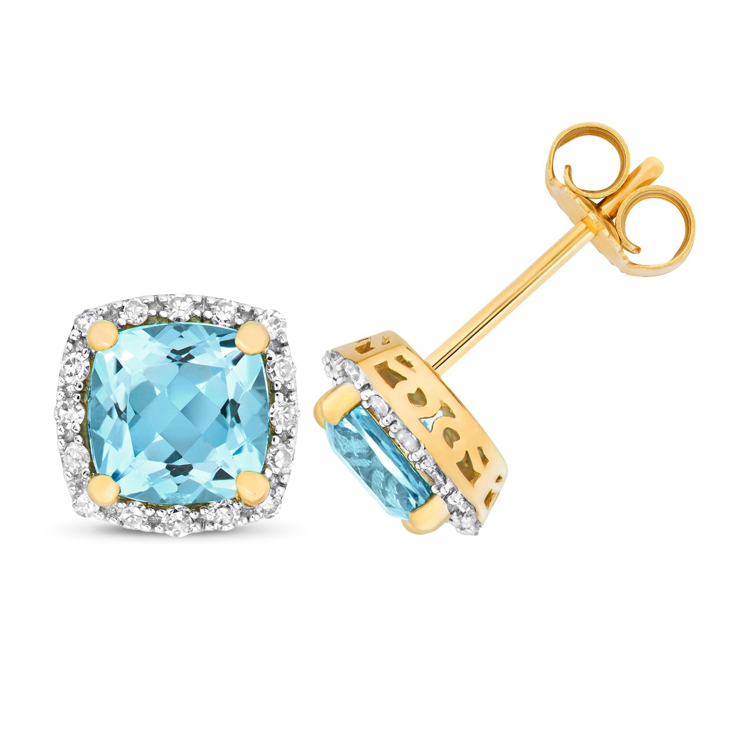 DIAMOND & LIGHT SWISS BLUE TOPAZ CUSHION CLUSTER STUDS IN 9CT GOLD