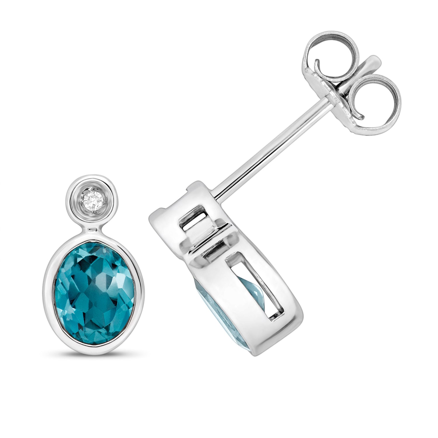 DIAMOND & LONDON BLUE TOPAZ OVAL RUBOVER STUDS IN 9CT WHITE GOLD