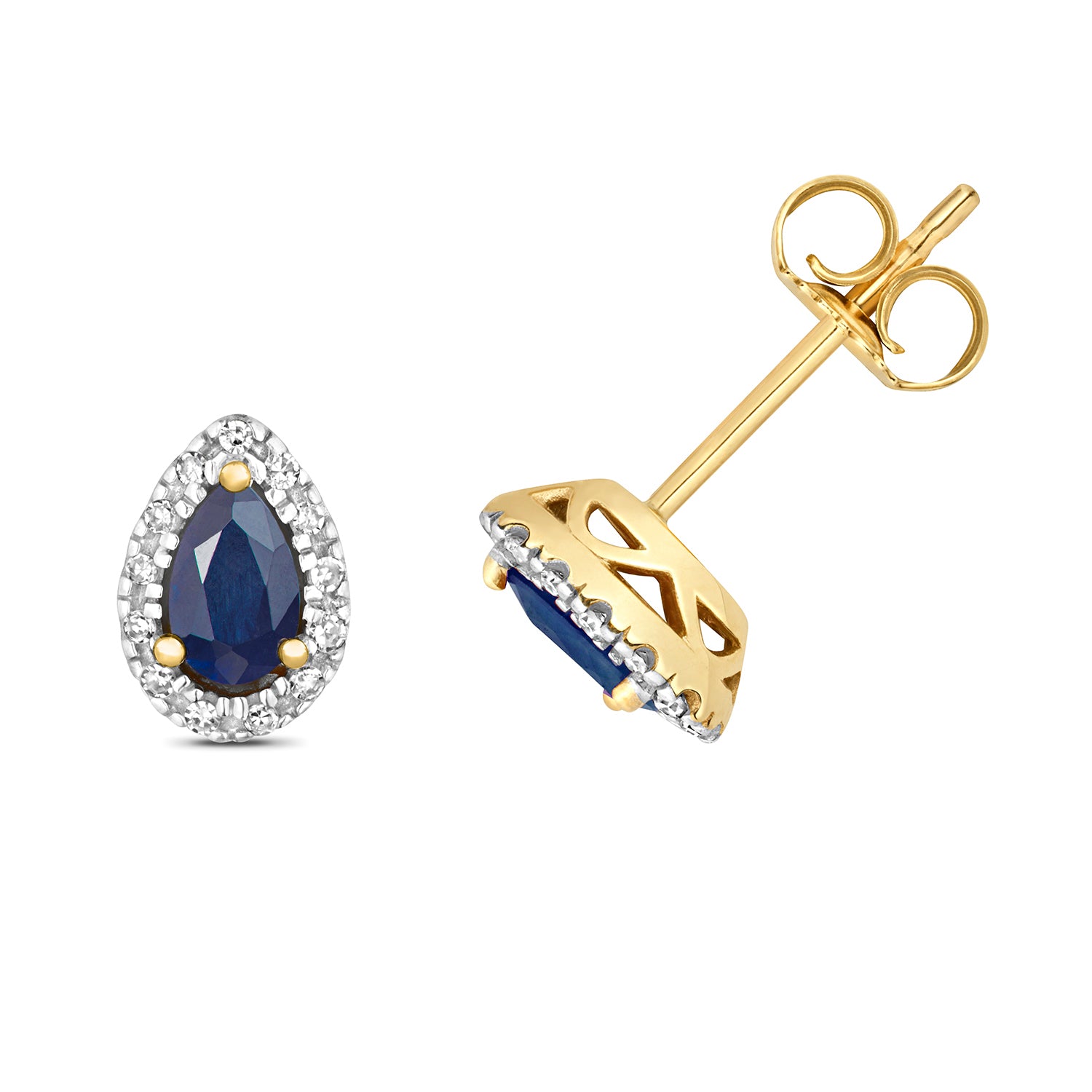 DIAMOND & SAPPHIRE PEAR SHAPE HALO STUDS IN 9CT GOLD