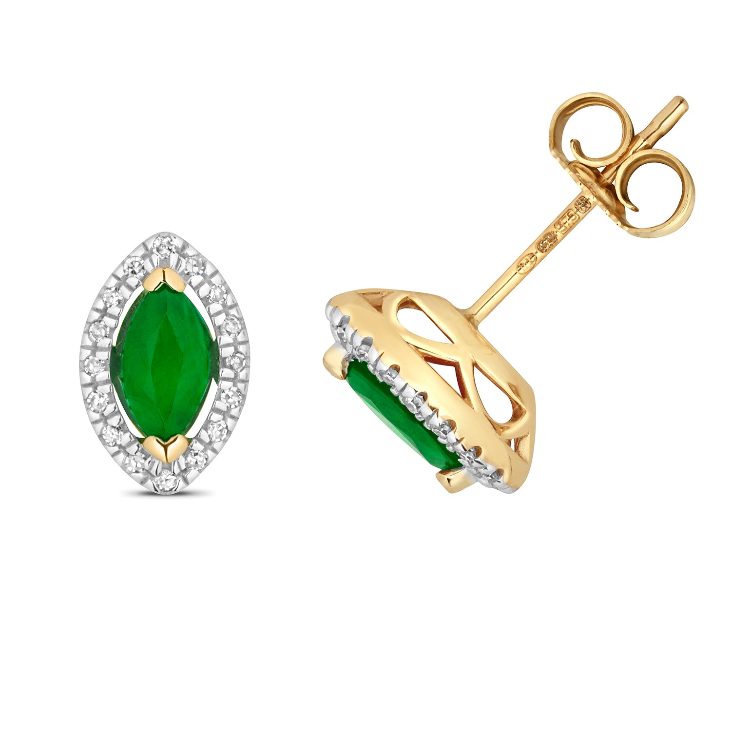 DIAMOND & EMERALD MARQUISE HALO STUDS IN 9CT GOLD