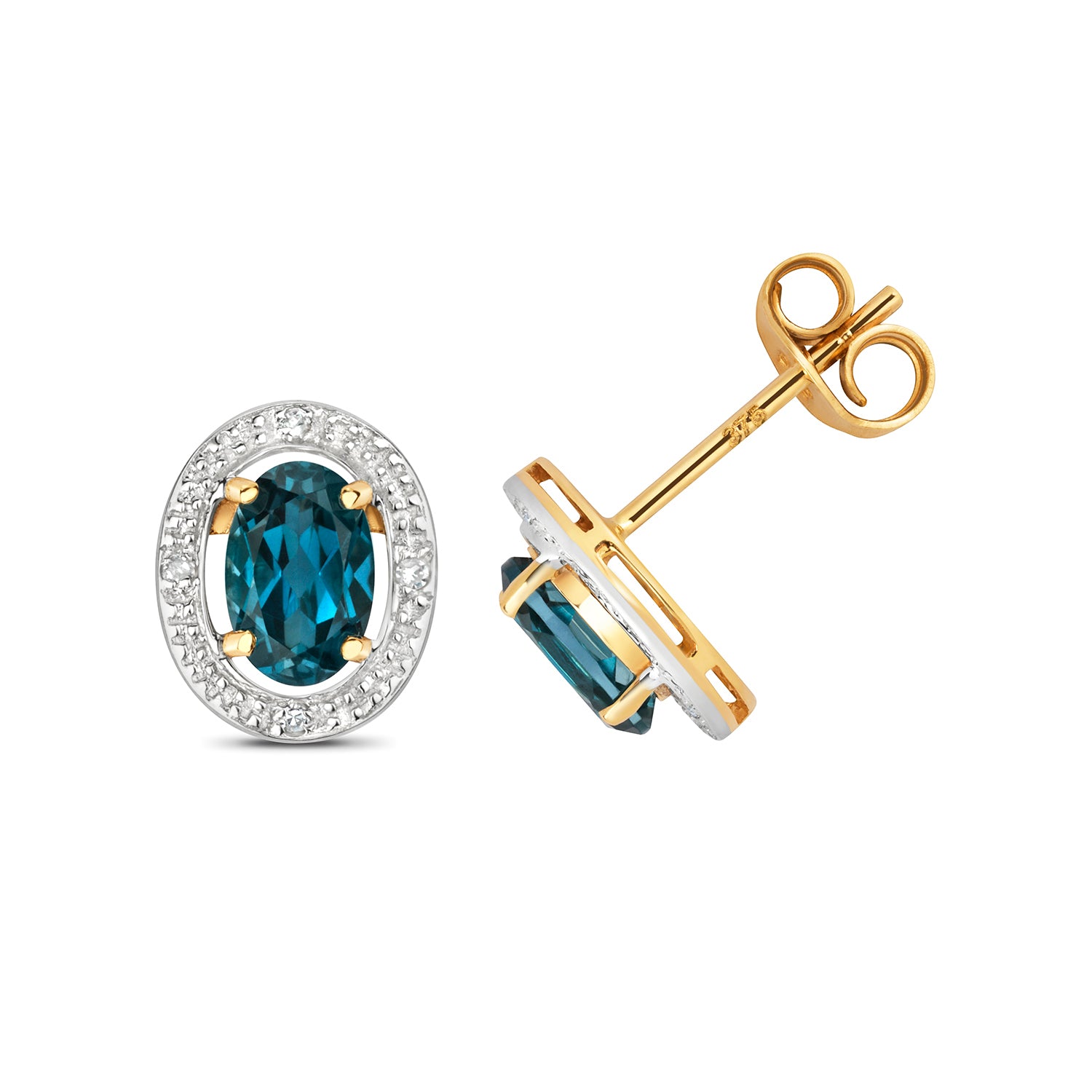 DIAMOND & LONDON BLUE TOPAZ OVAL HALO STUDS IN 9CT GOLD