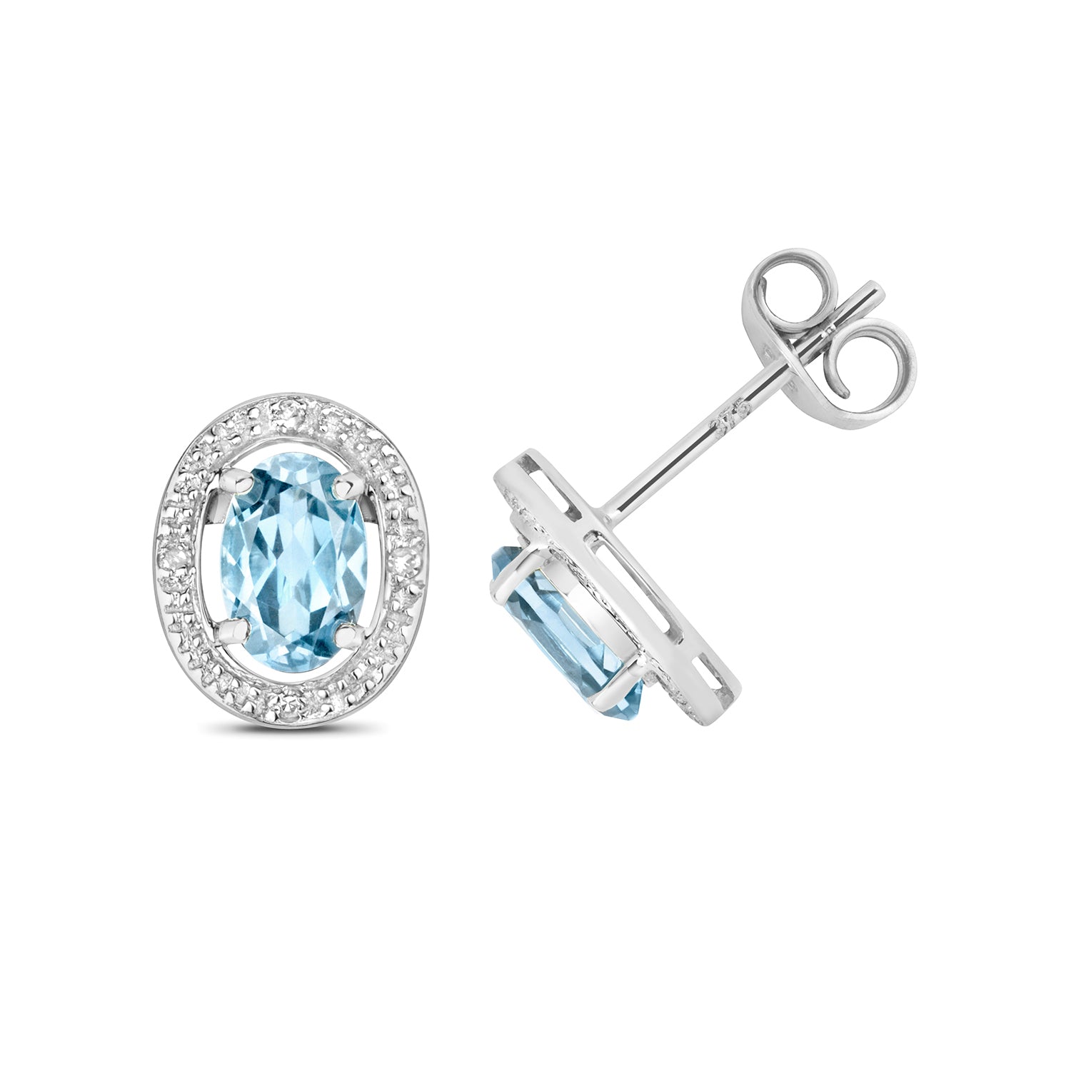 DIAMOND & AQUAMARINE OVAL HALO STUDS IN 9CT WHITE GOLD