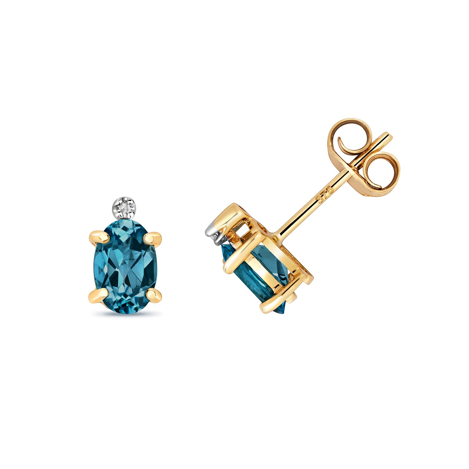 DIAMOND & LONDON BLUE TOPAZ OVAL CLAW SET STUDS IN 9CT GOLD