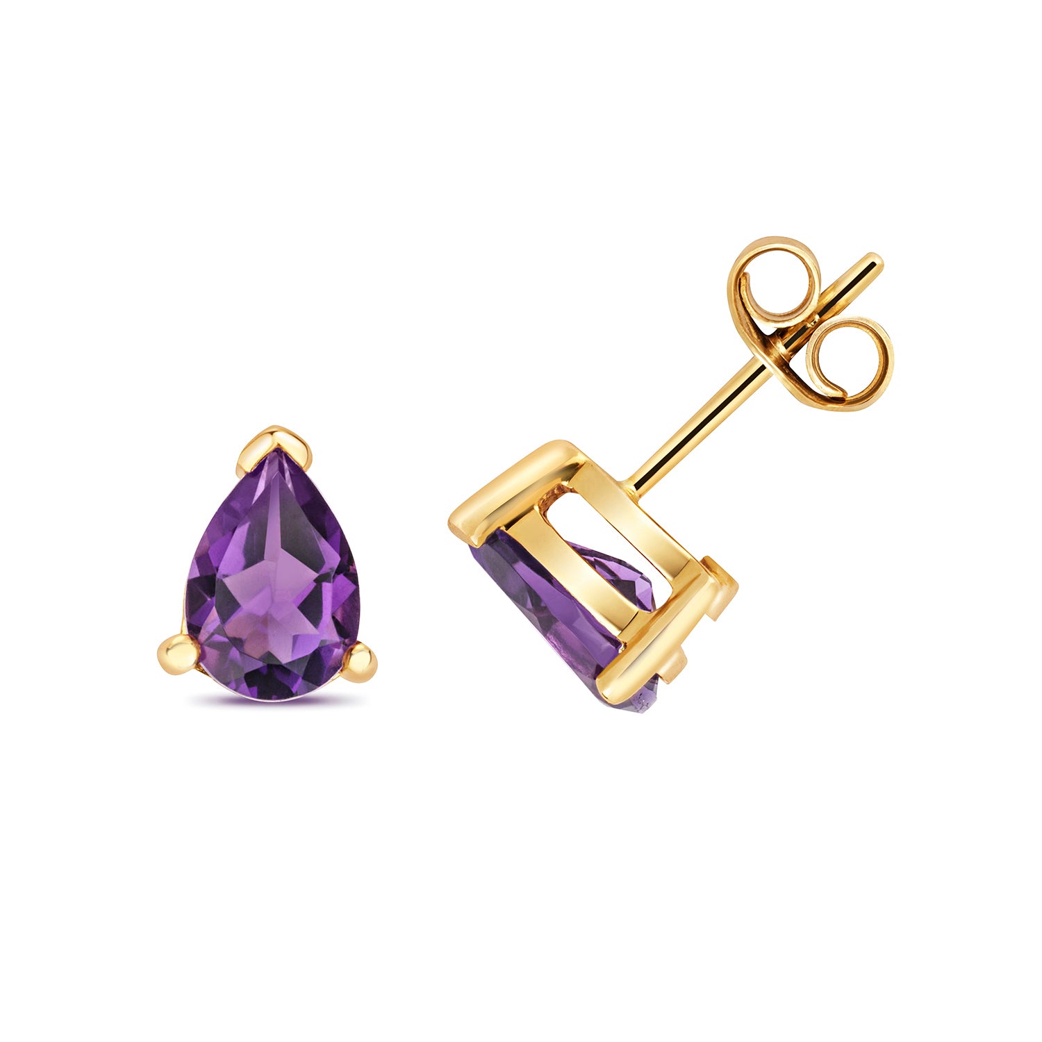 AMETHYST PEAR SHAPE CLAW SET STUDS IN 9CT GOLD