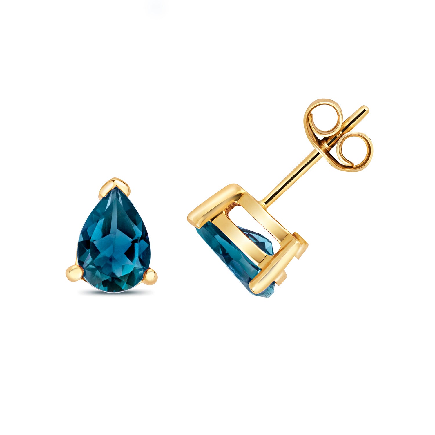 LONDON BLUE TOPAZ PEAR SHAPE CLAW SET STUDS IN 9CT GOLD