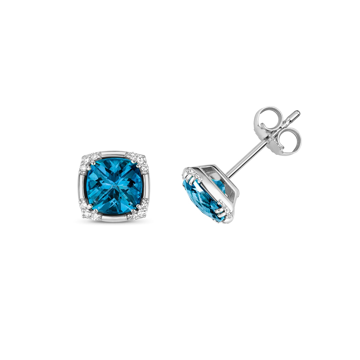 DIAMOND & LONDON BLUE TOPAZ CUSHION WITH CORNER SET STUDS IN 9CT WHITE GOLD