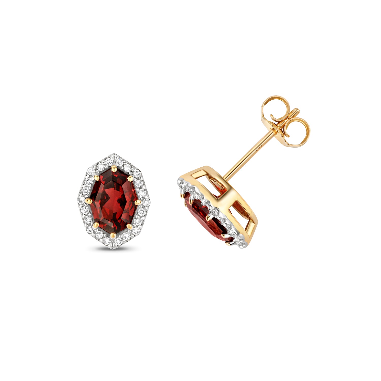 DIAMOND & GARNET OCTAGON CLUSTER STUDS IN 9CT GOLD