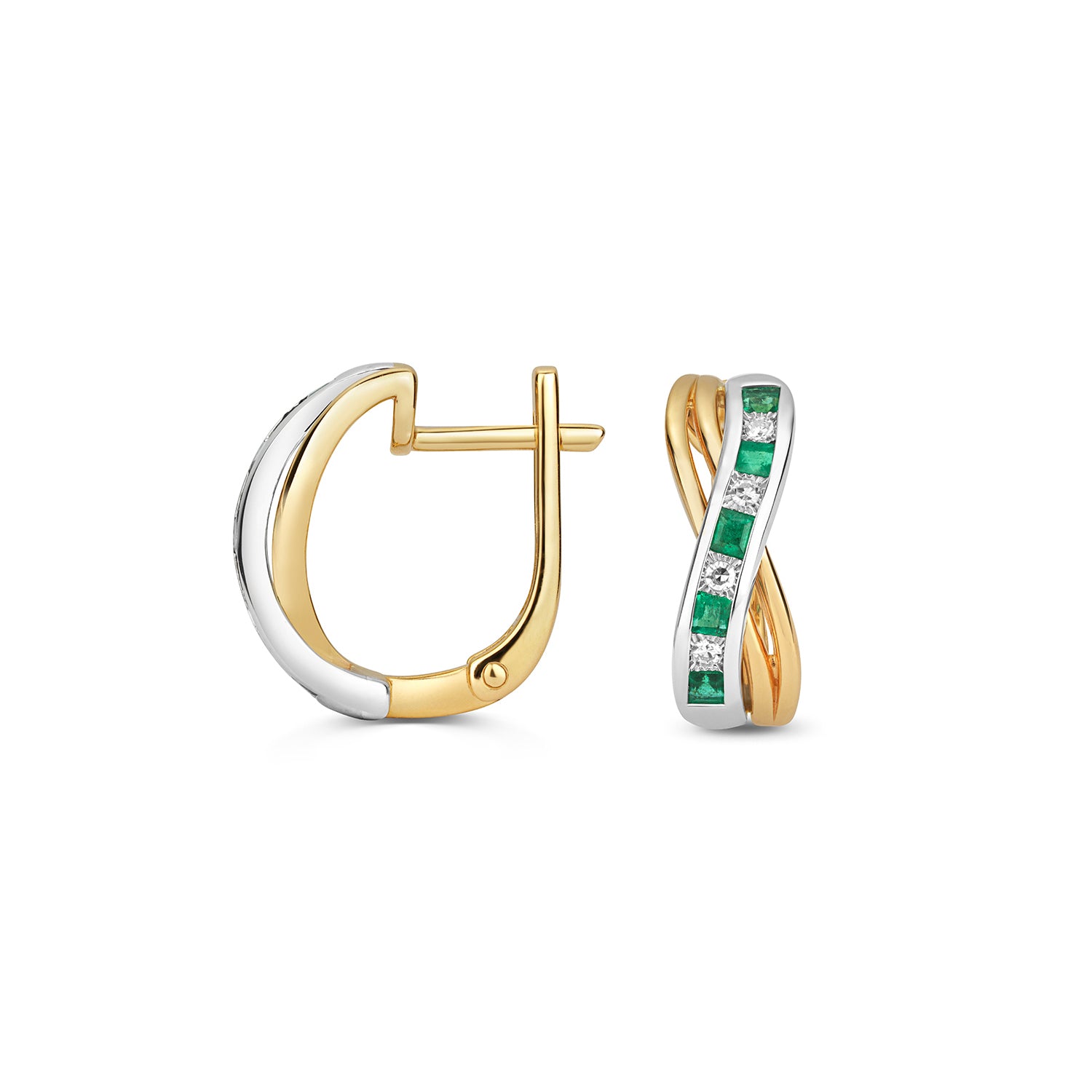 DIAMOND & EMERALD SQUARE 2 TONE CROSSOVER HOOPS IN 9CT GOLD