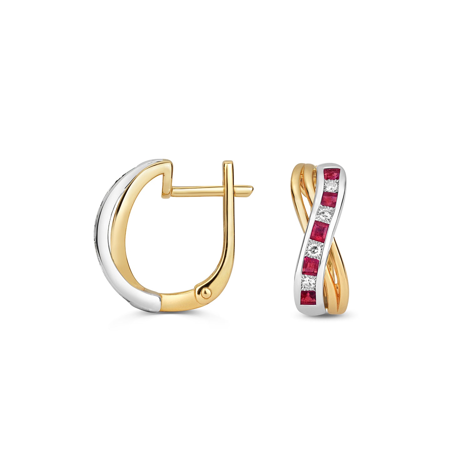 DIAMOND & RUBY SQUARE 2 TONE CROSSOVER HOOPS IN 9CT GOLD